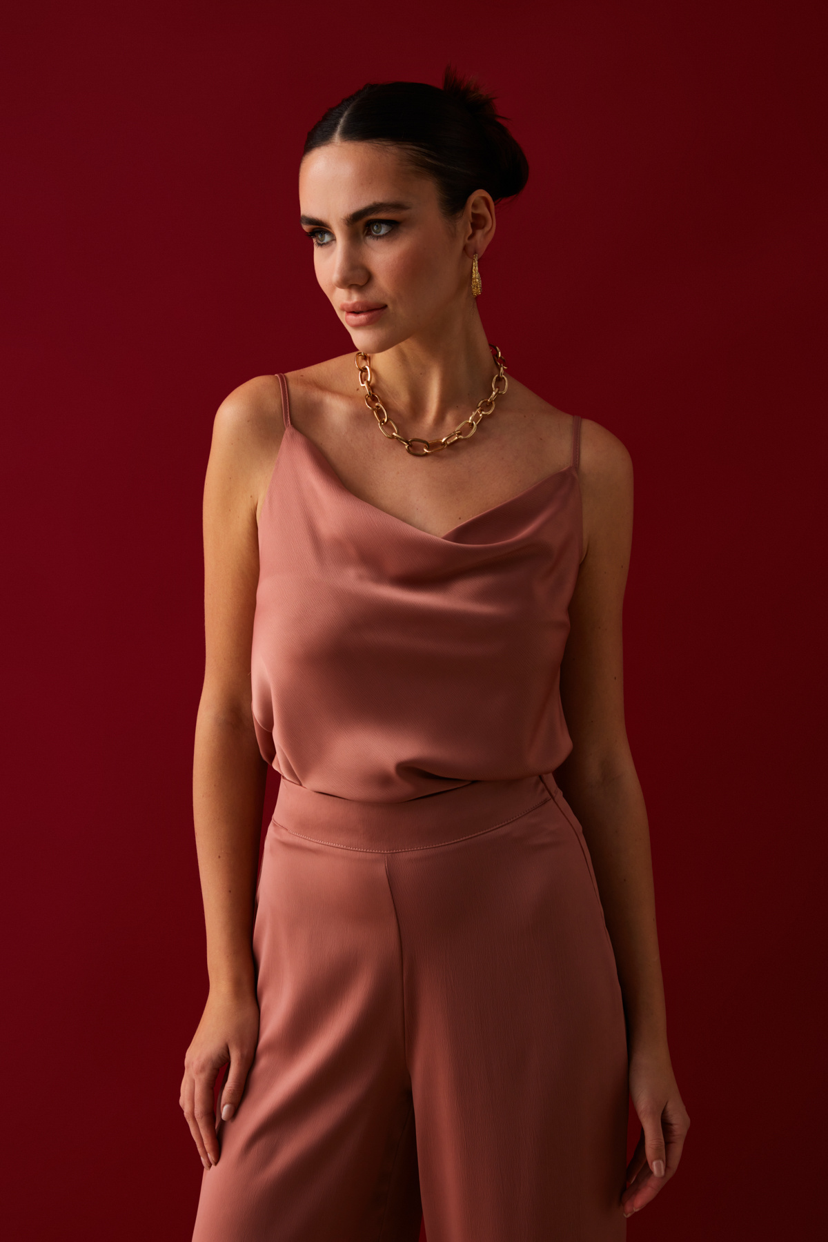 Degaje Yaka Saten Bluz - PUDRA