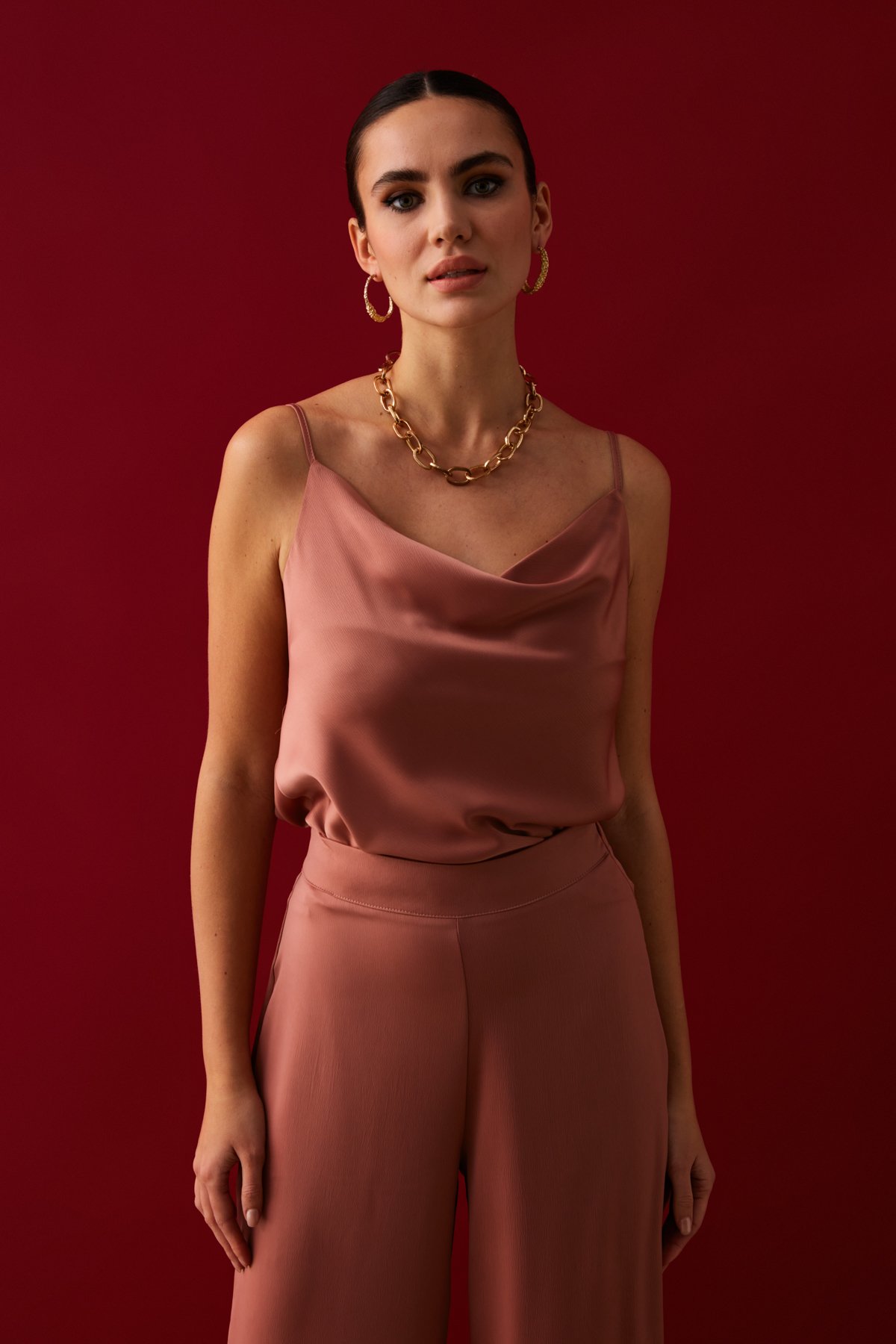 Degaje Yaka Saten Bluz - PUDRA