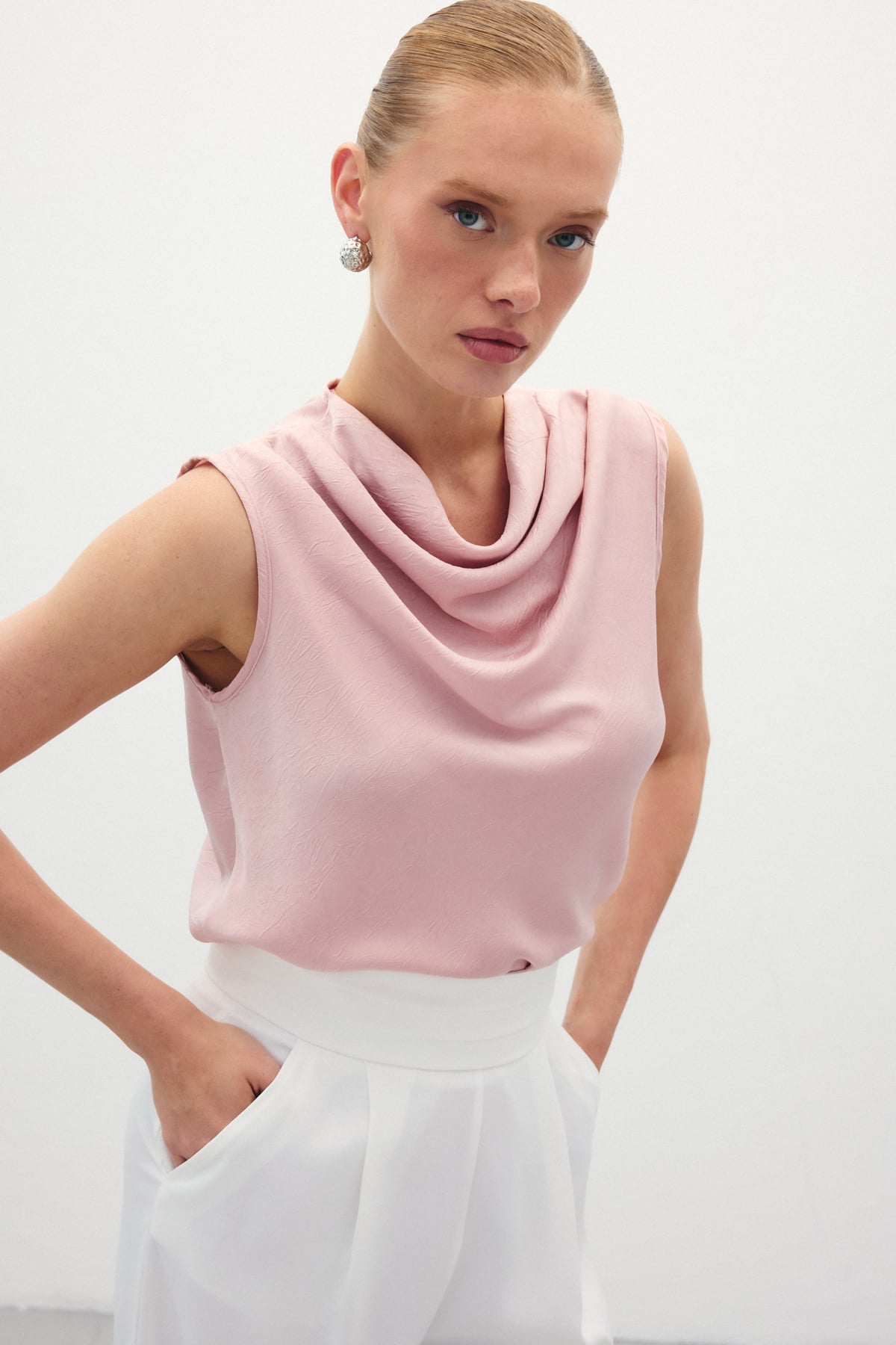 Cowl Neck Satin Blouse - Powder