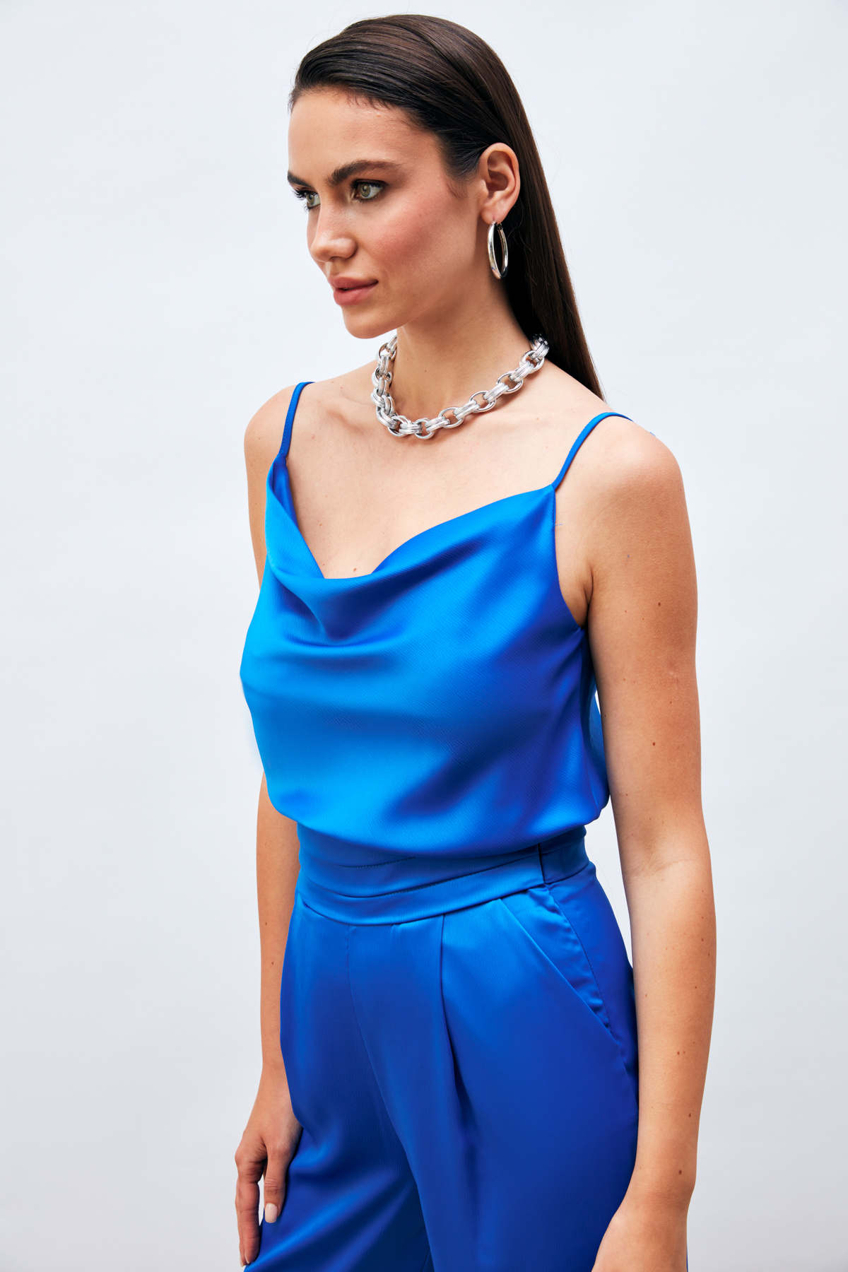 Degaje Yaka Saten Bluz - SAX MAVİ