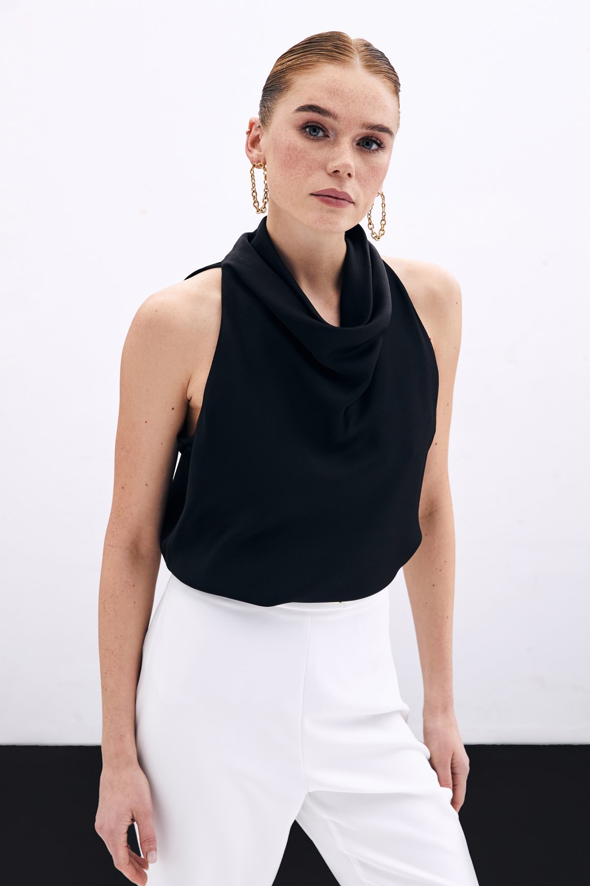 Degaje Yaka Saten Bluz - Siyah