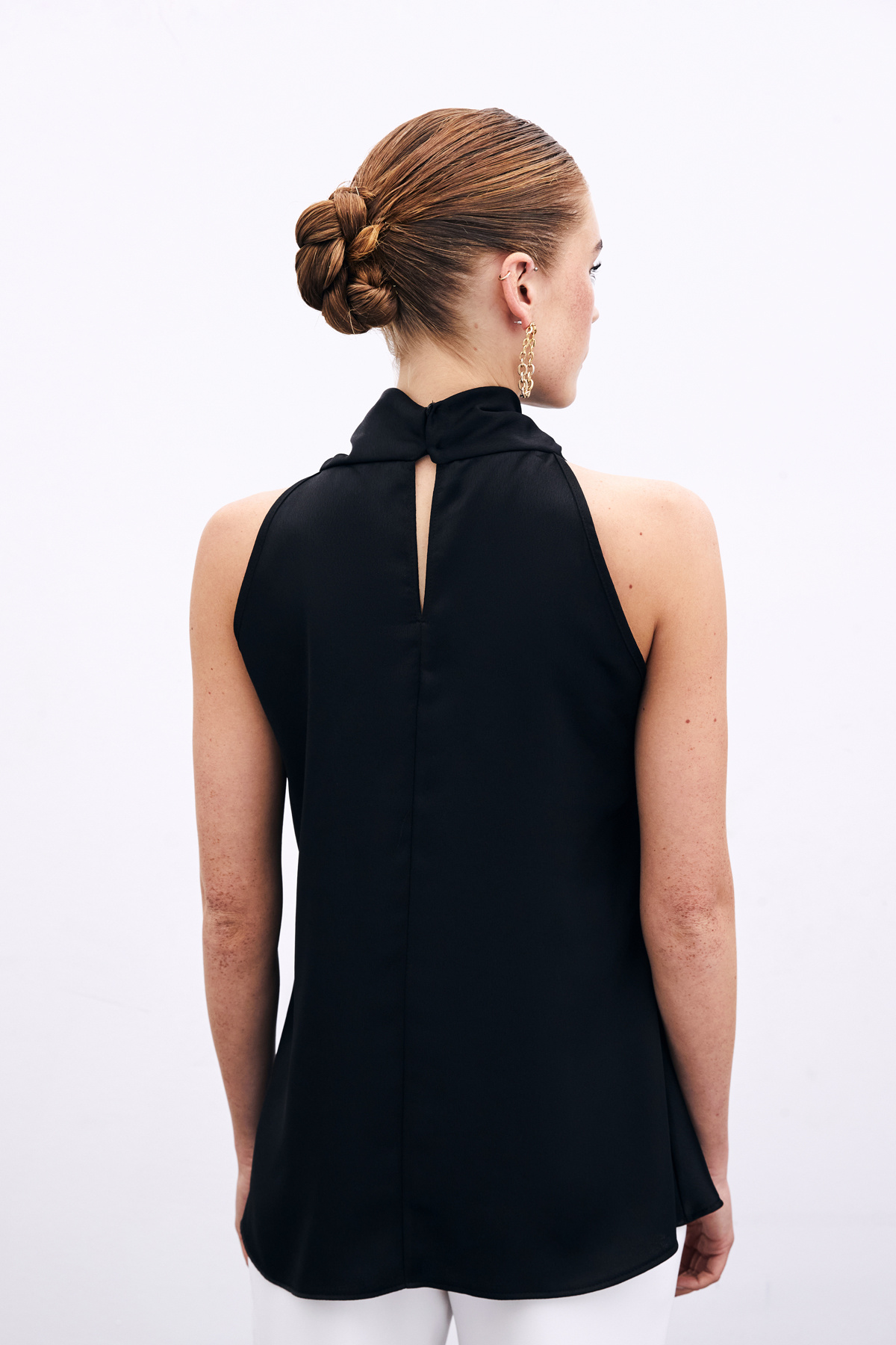 Degaje Yaka Saten Bluz - Siyah