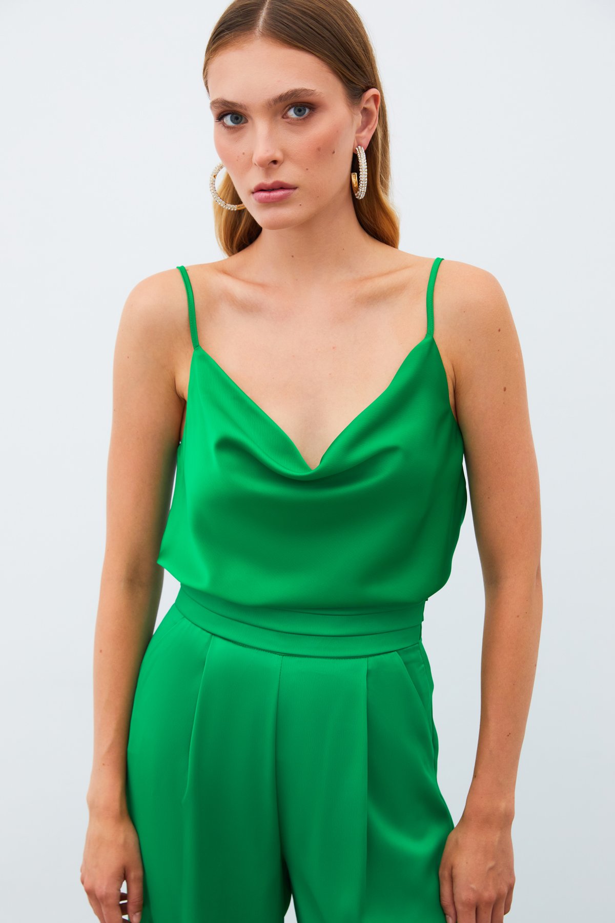 Degaje yaka saten bluz - YEŞİL