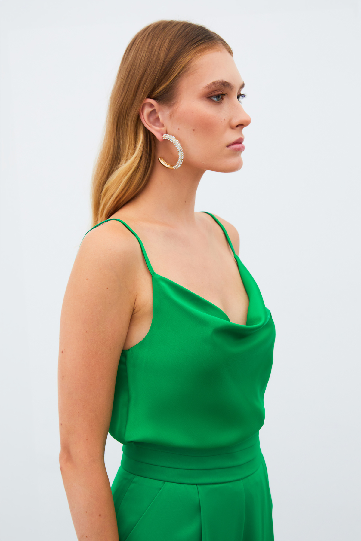 Degaje yaka saten bluz - YEŞİL