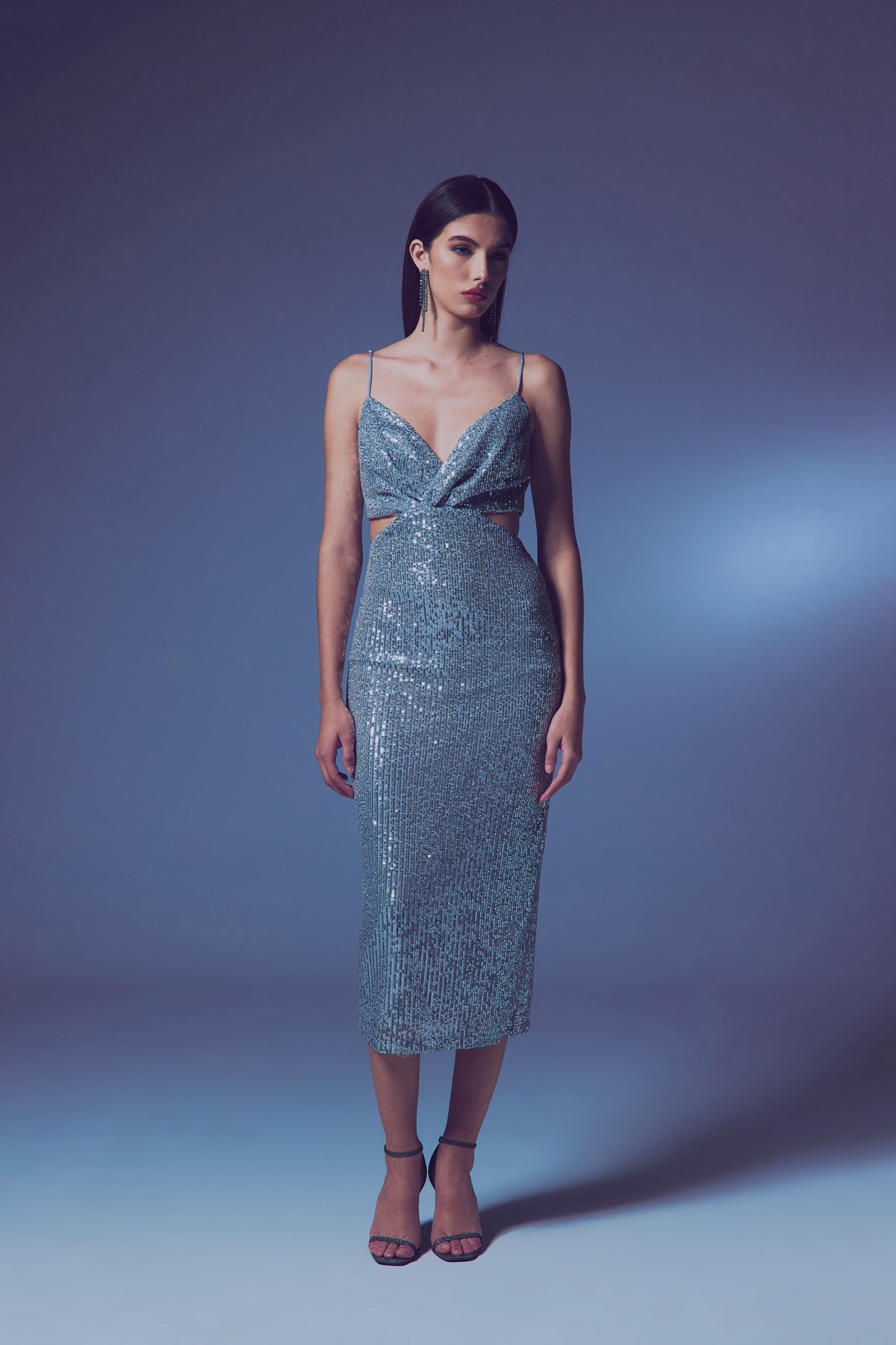 Dekolteli Payet Elbise - Gümüş