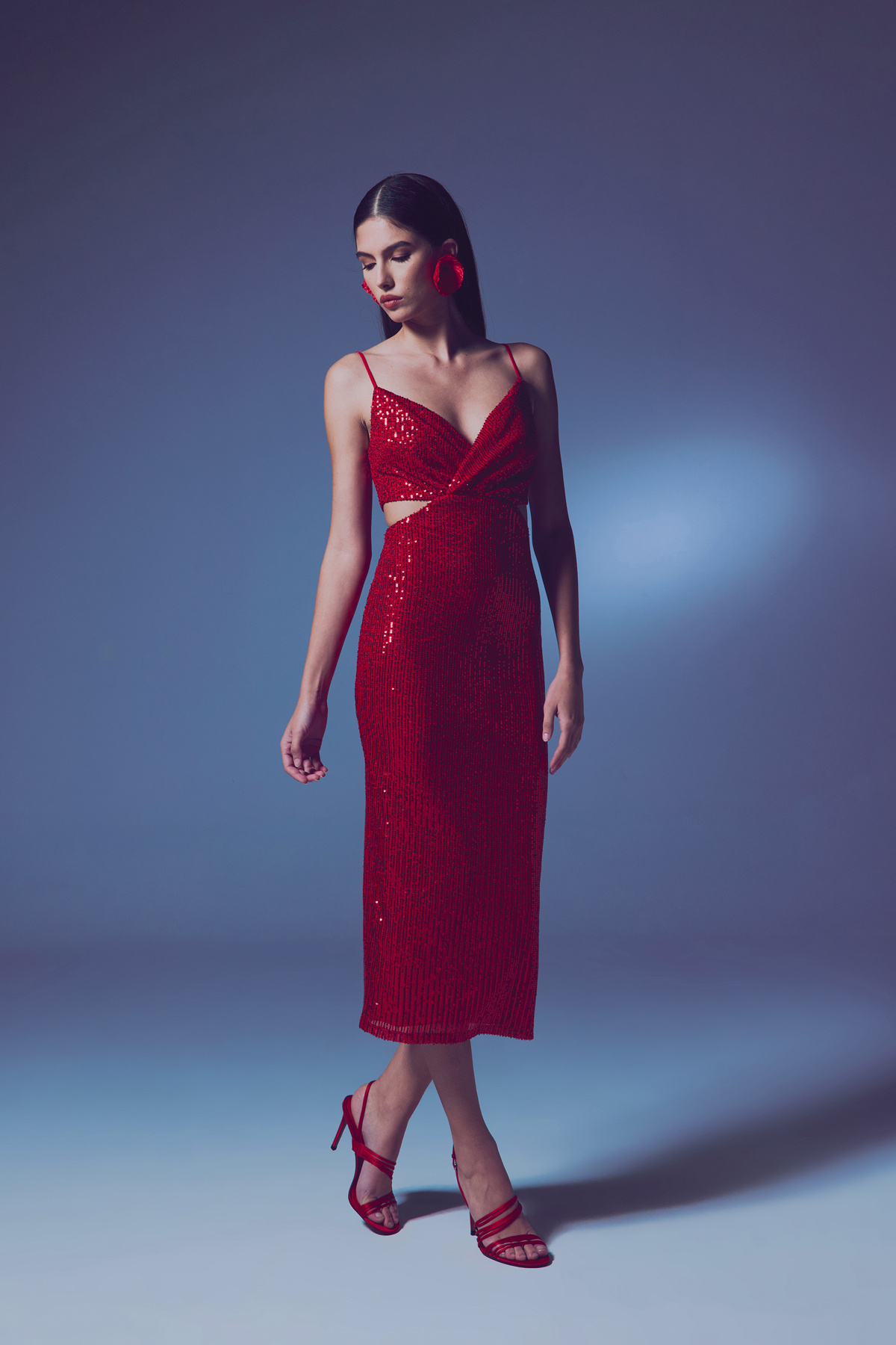 Dekolteli Payet Elbise - Kırmızı