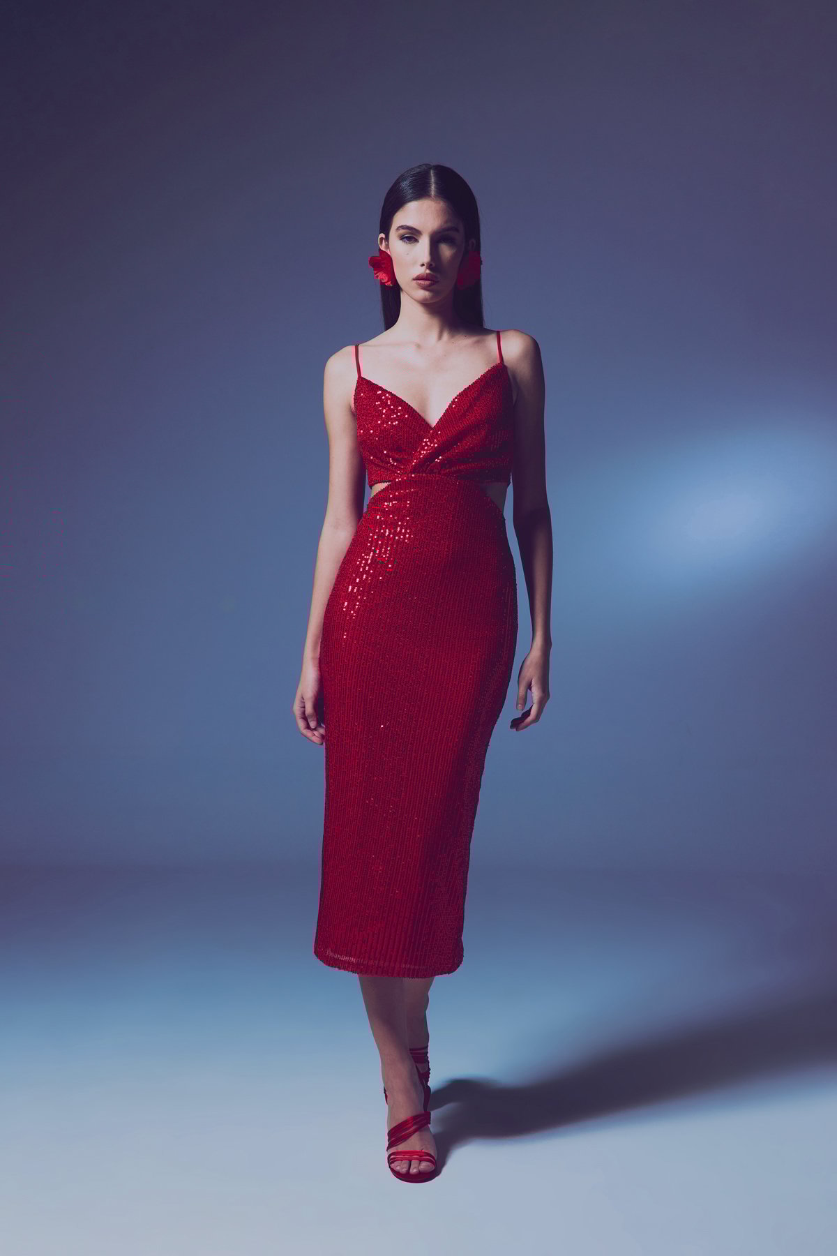 Dekolteli Payet Elbise - Kırmızı