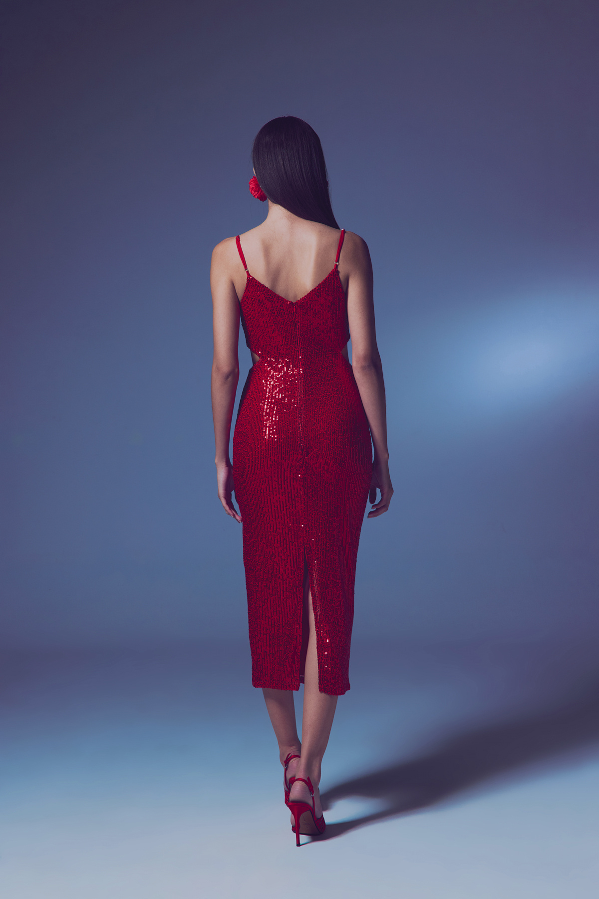 Dekolteli Payet Elbise - Kırmızı