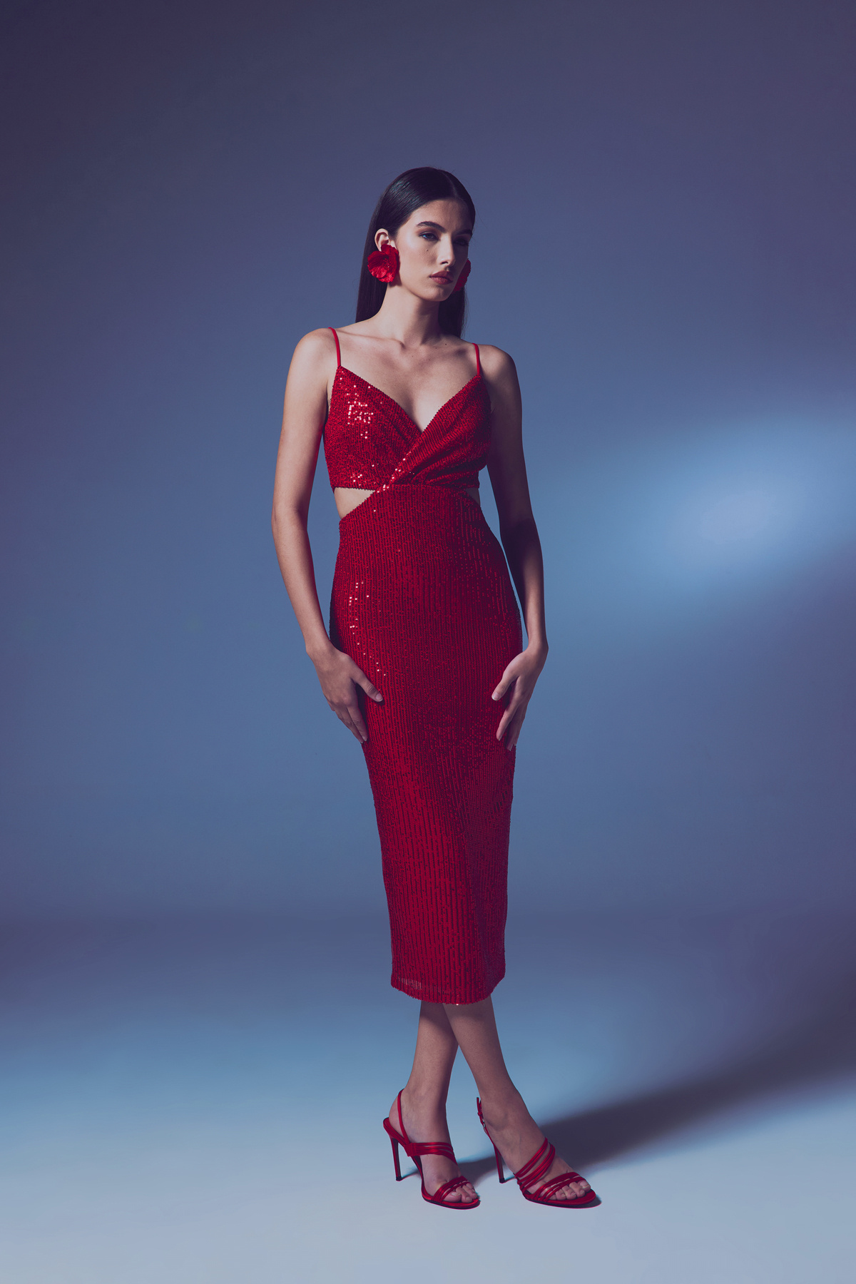 Dekolteli Payet Elbise - Kırmızı