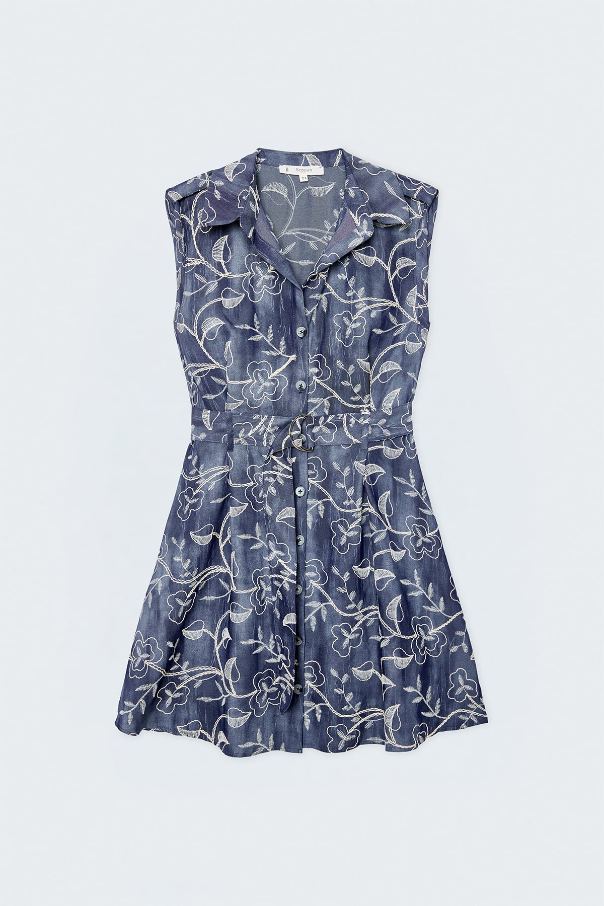 Denim-Look Embroidered Mini Dress - Blue