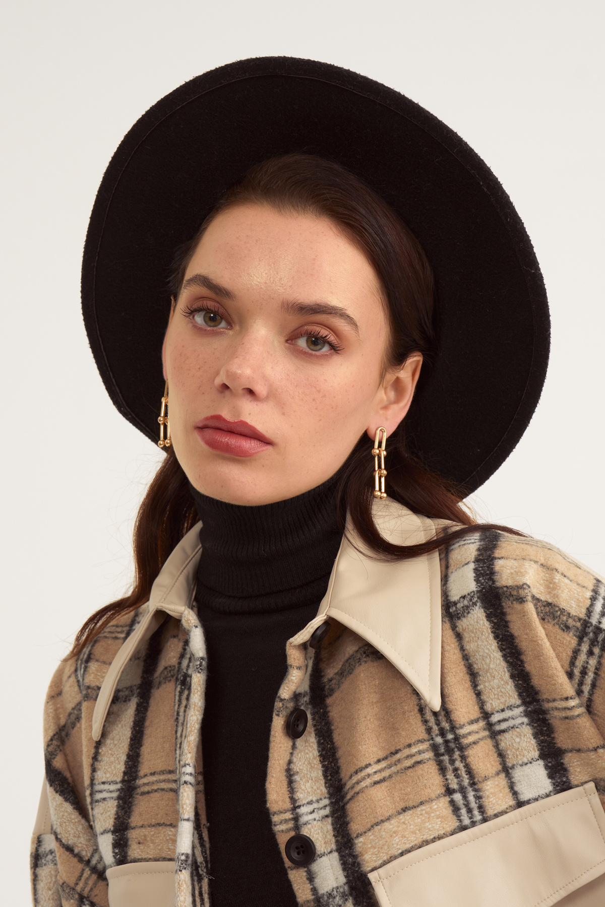 Checked shirt with leather detail - BEIGE