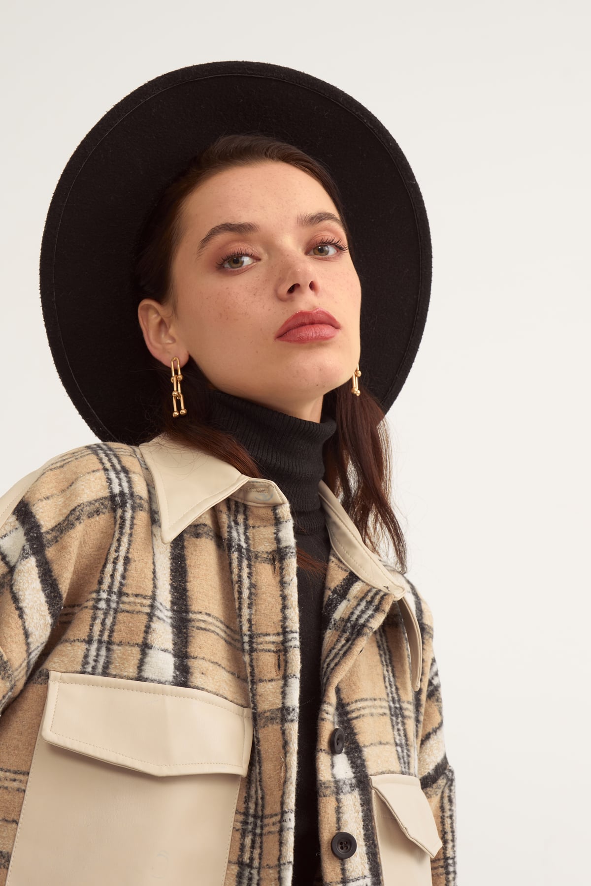 Checked shirt with leather detail - BEIGE