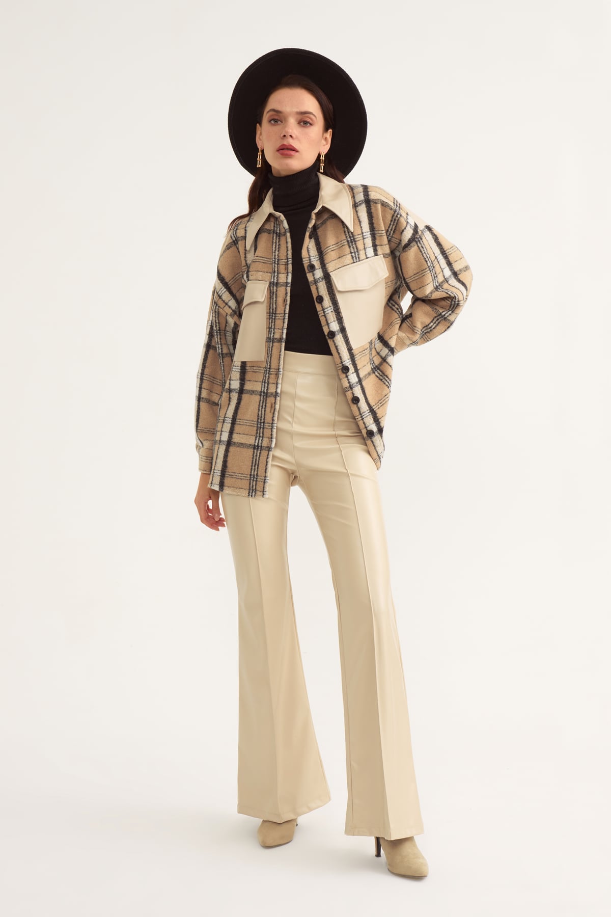 Checked shirt with leather detail - BEIGE