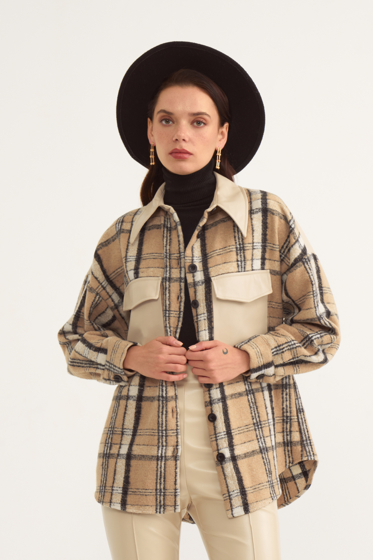 Checked shirt with leather detail - BEIGE