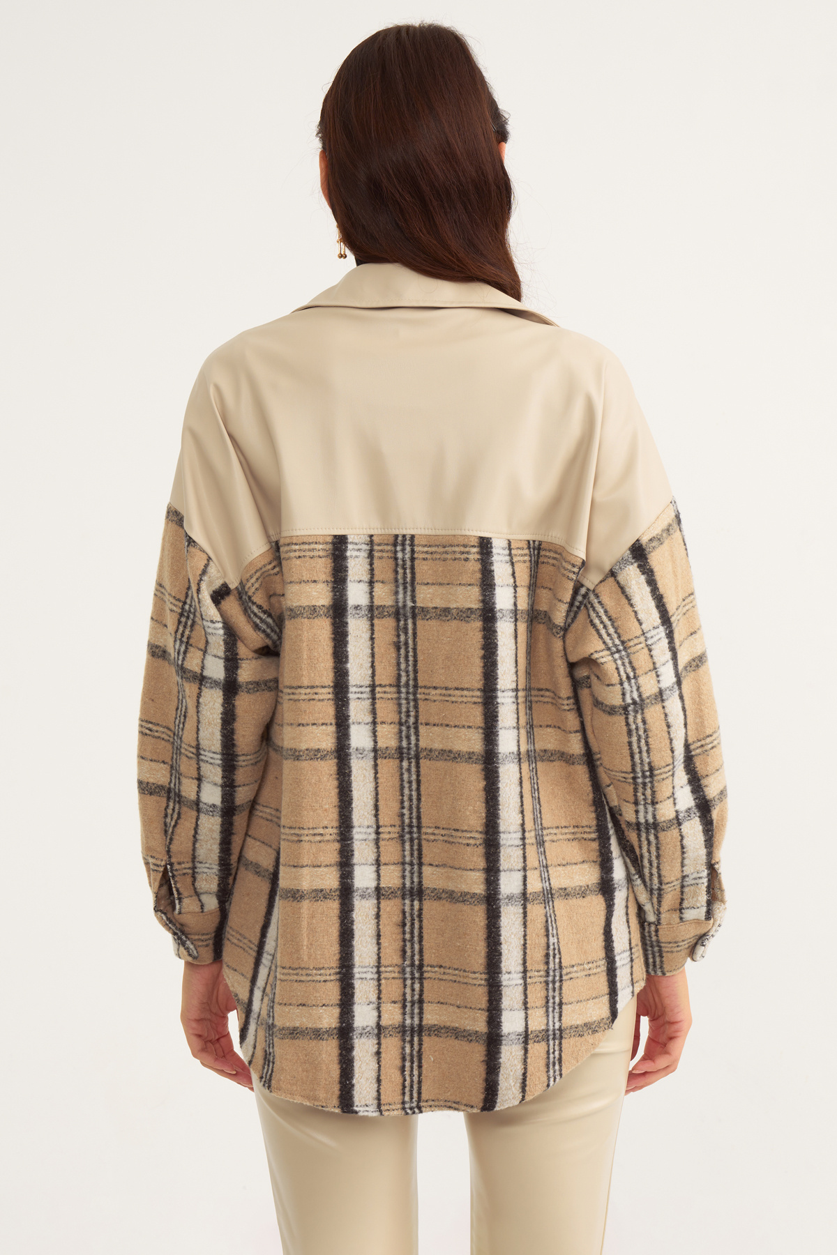 Checked shirt with leather detail - BEIGE