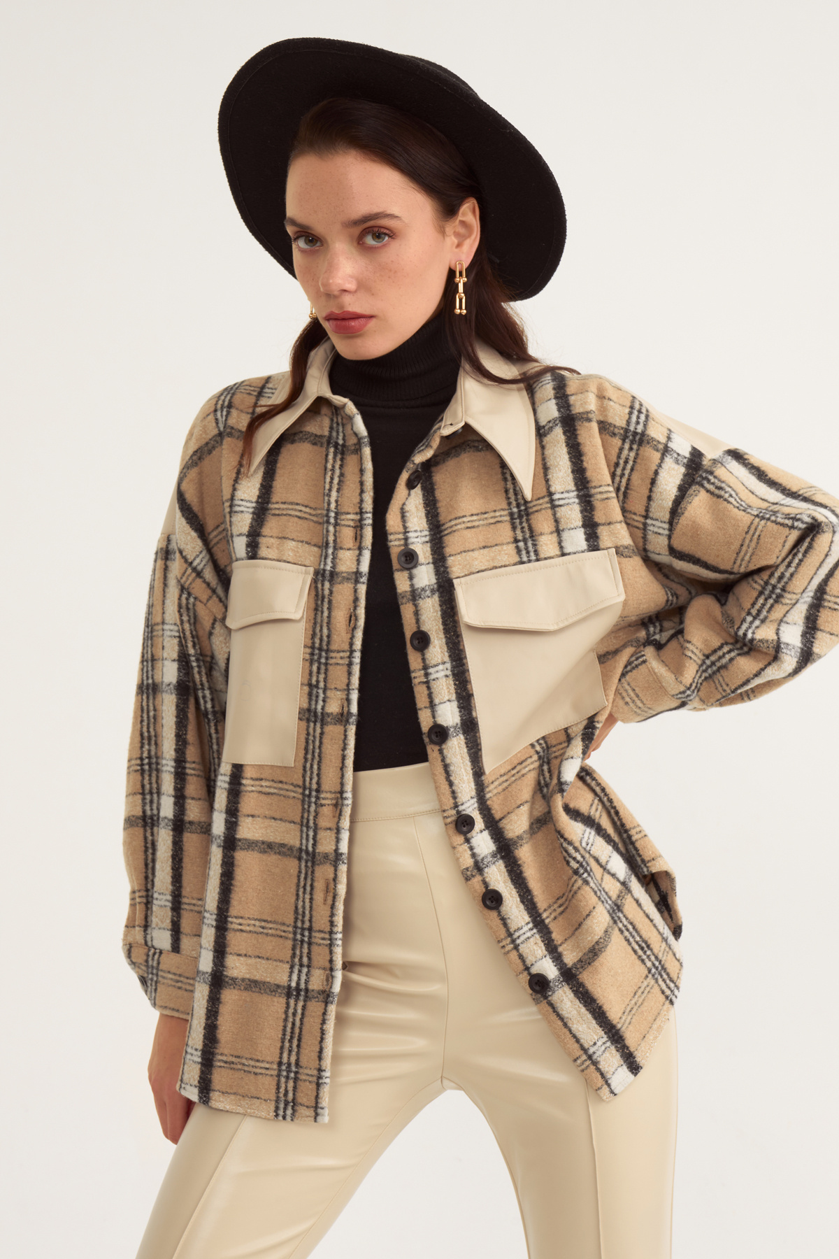 Checked shirt with leather detail - BEIGE