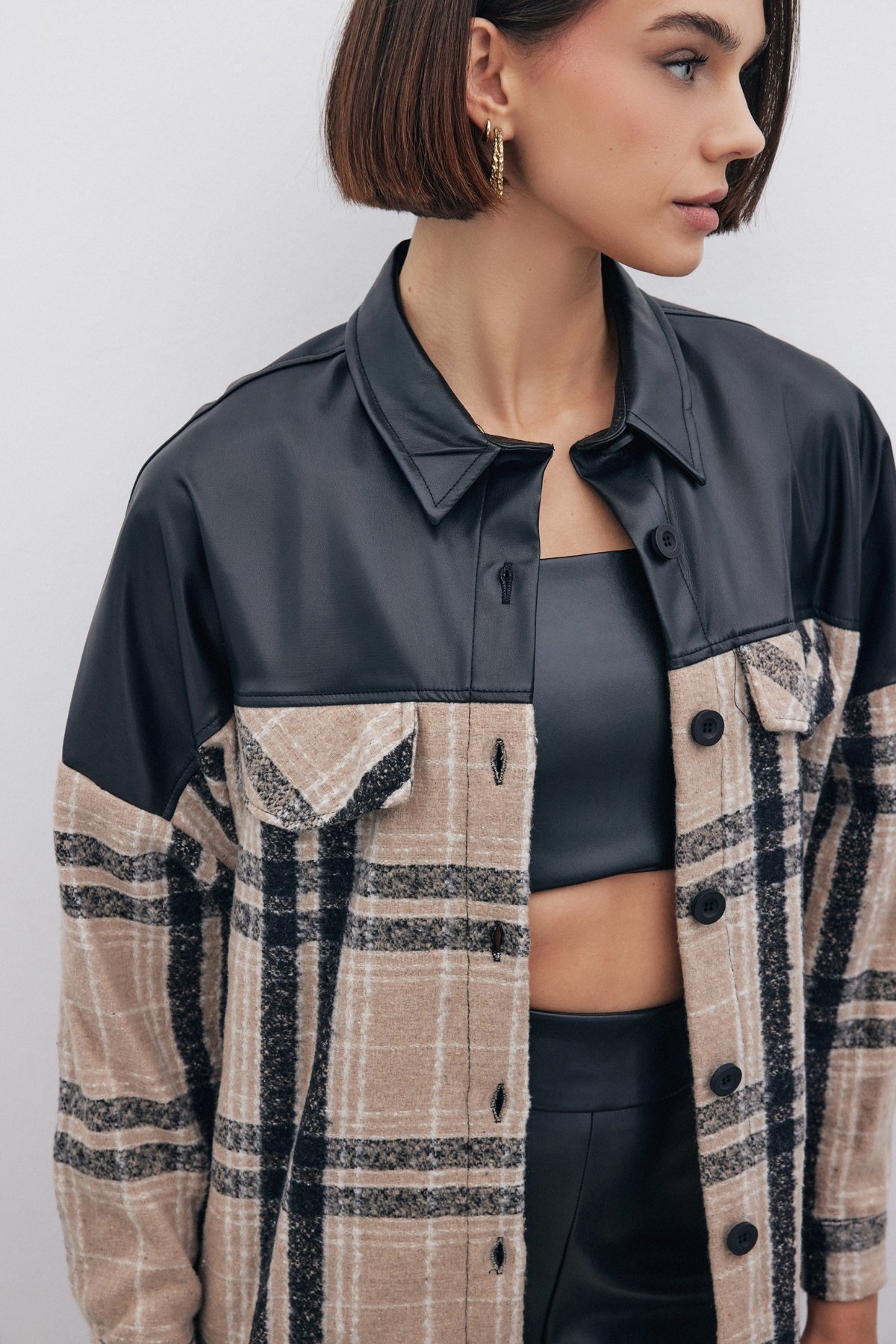 Deri Detaylı Ekose Gömlek - BEJ