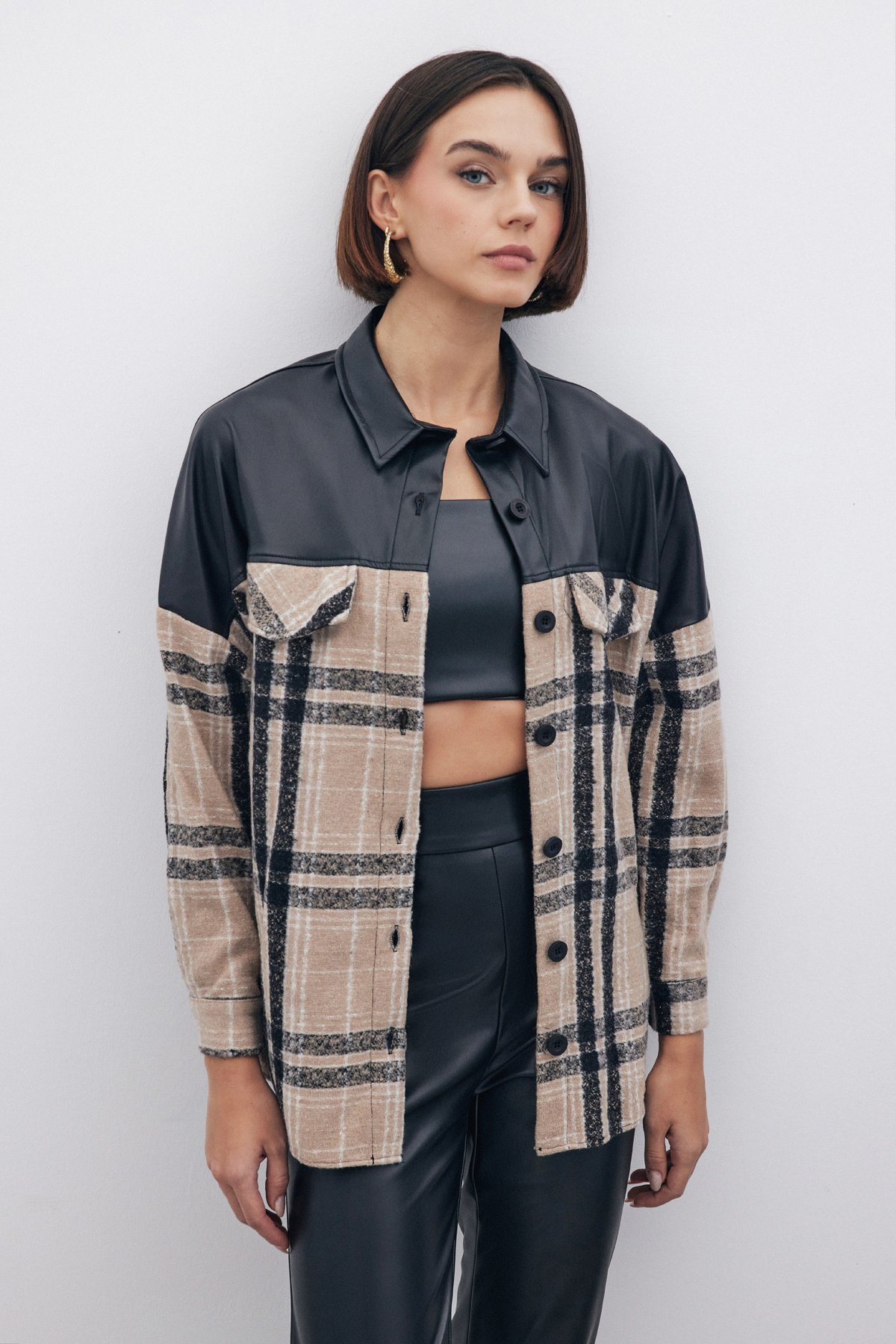 Deri Detaylı Ekose Gömlek - BEJ