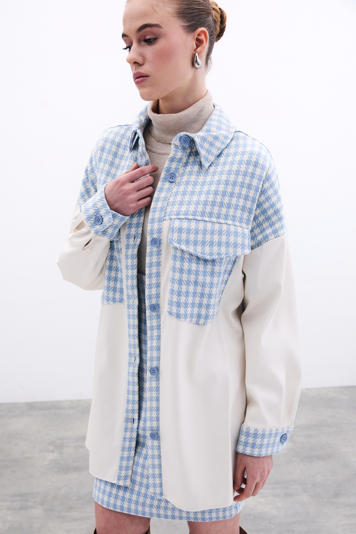 Deri Detaylı Gömlek Ceket - EKRU-BEBE MAVİ