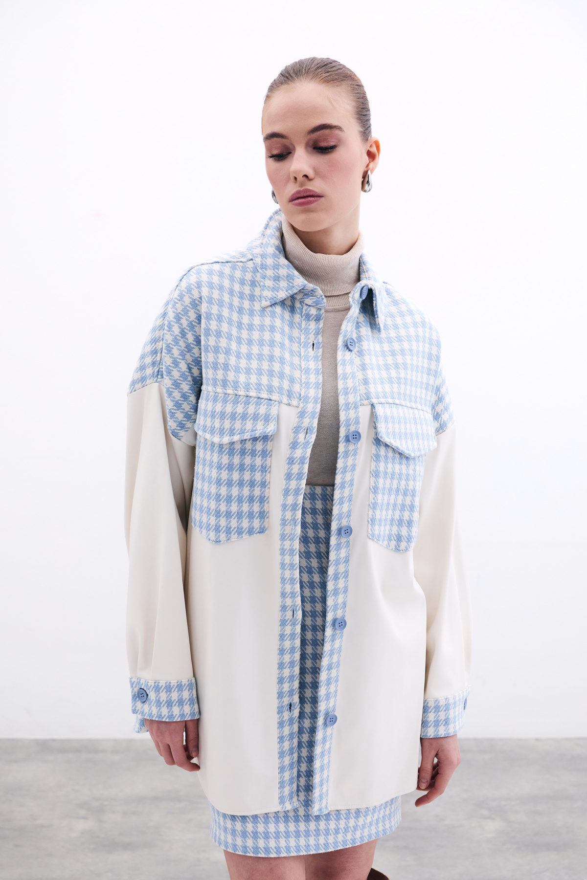 Deri Detaylı Gömlek Ceket - EKRU-BEBE MAVİ