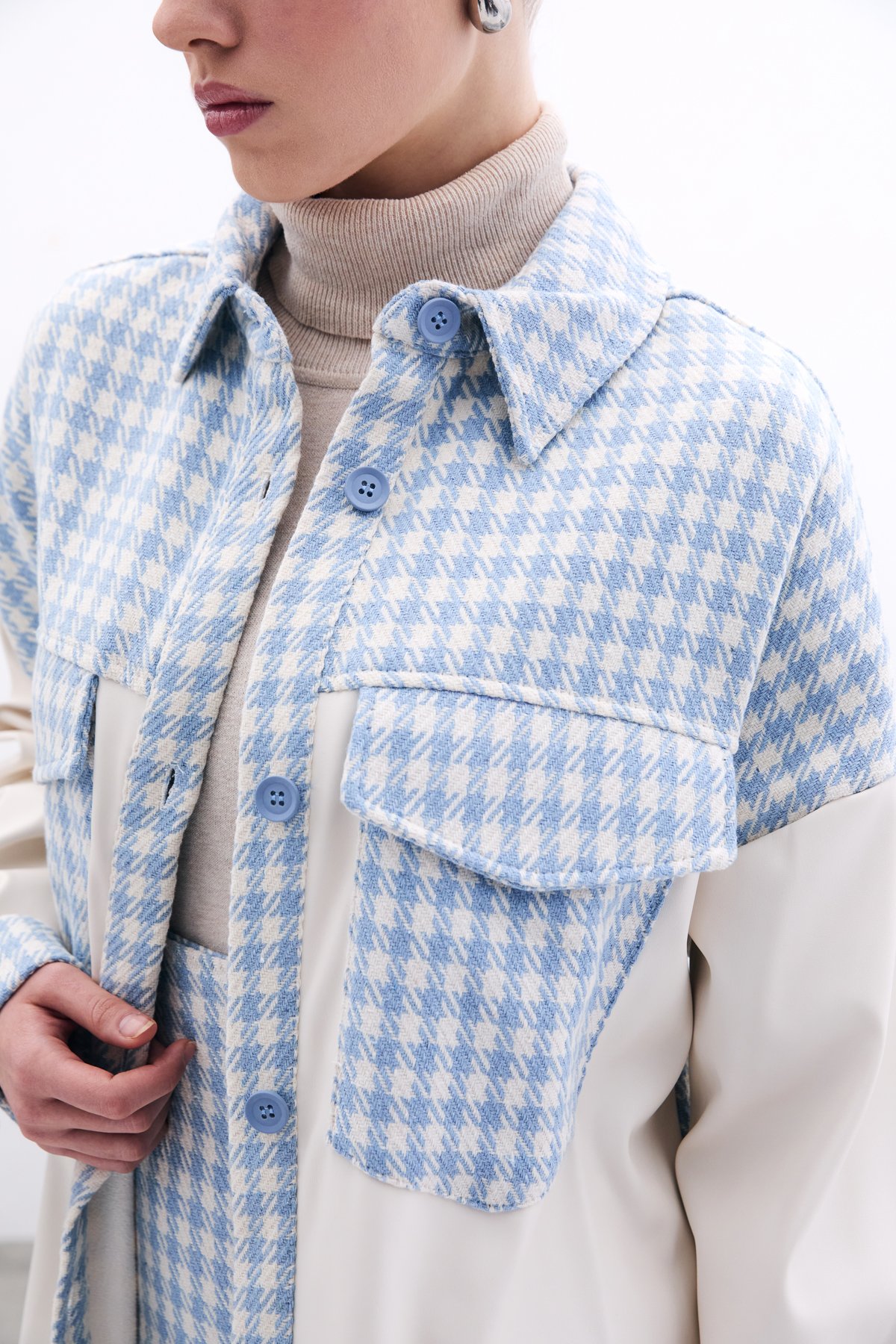 Deri Detaylı Gömlek Ceket - EKRU-BEBE MAVİ