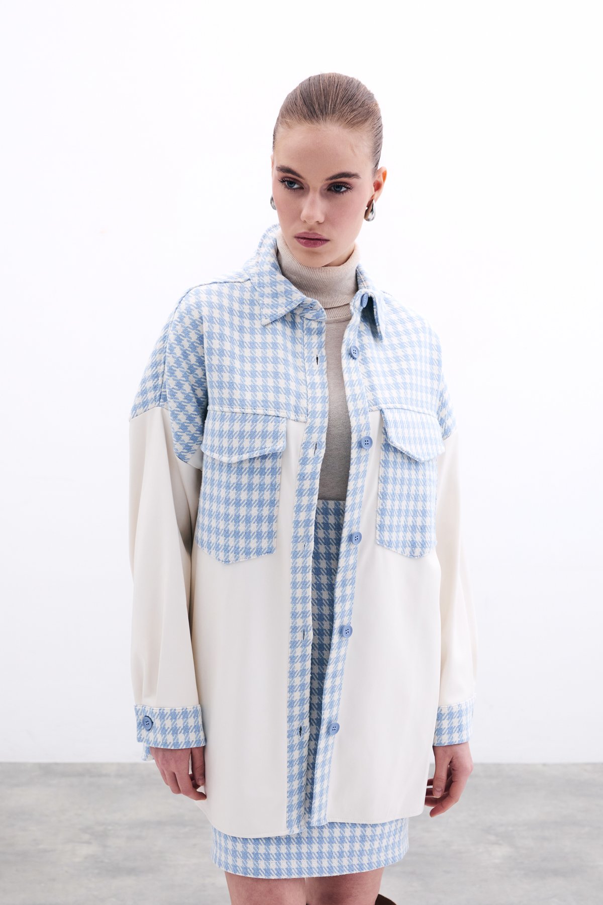 Deri Detaylı Gömlek Ceket - EKRU-BEBE MAVİ