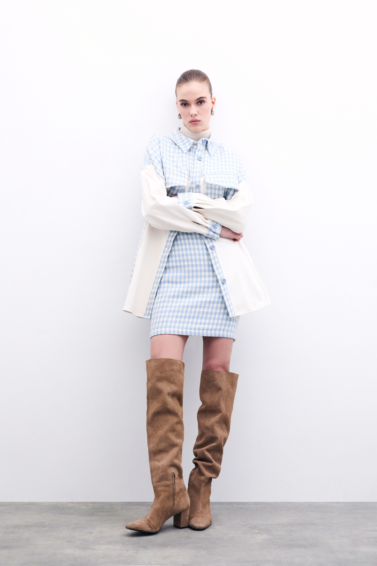 Deri Detaylı Gömlek Ceket - EKRU-BEBE MAVİ