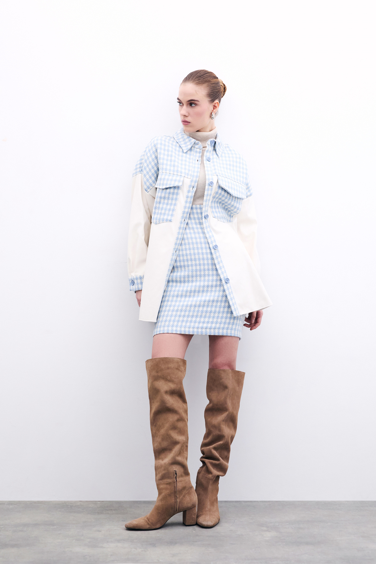 Deri Detaylı Gömlek Ceket - EKRU-BEBE MAVİ