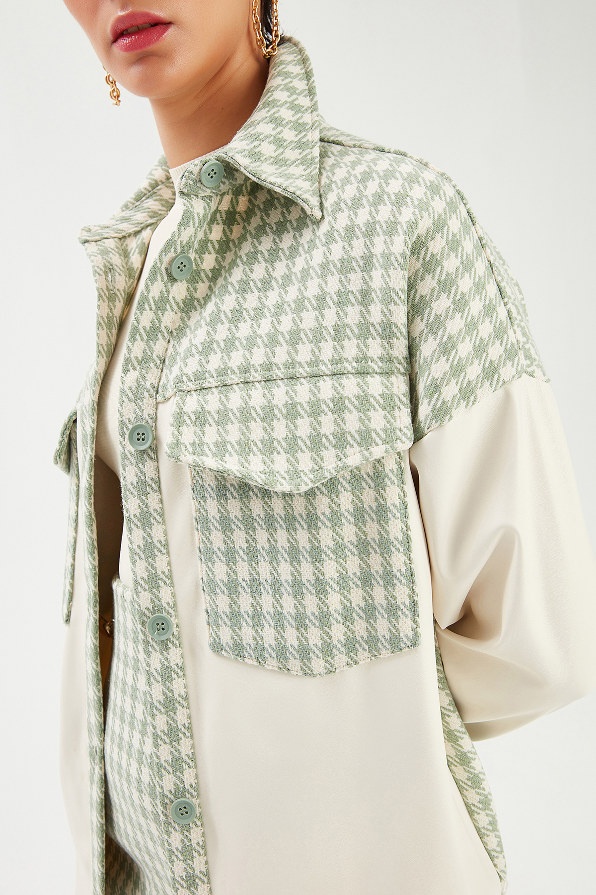 Deri Detaylı Gömlek Ceket - EKRU-ÇAĞLA