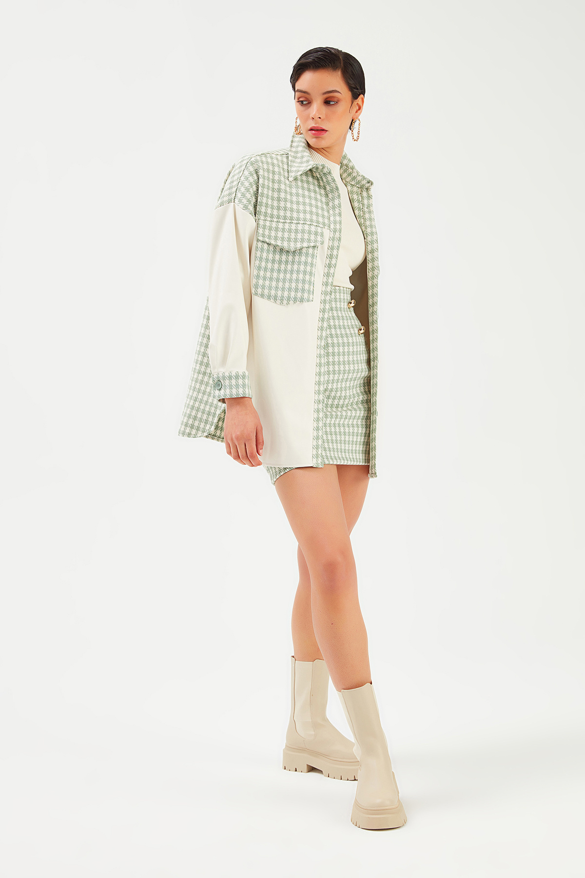 Deri Detaylı Gömlek Ceket - EKRU-ÇAĞLA