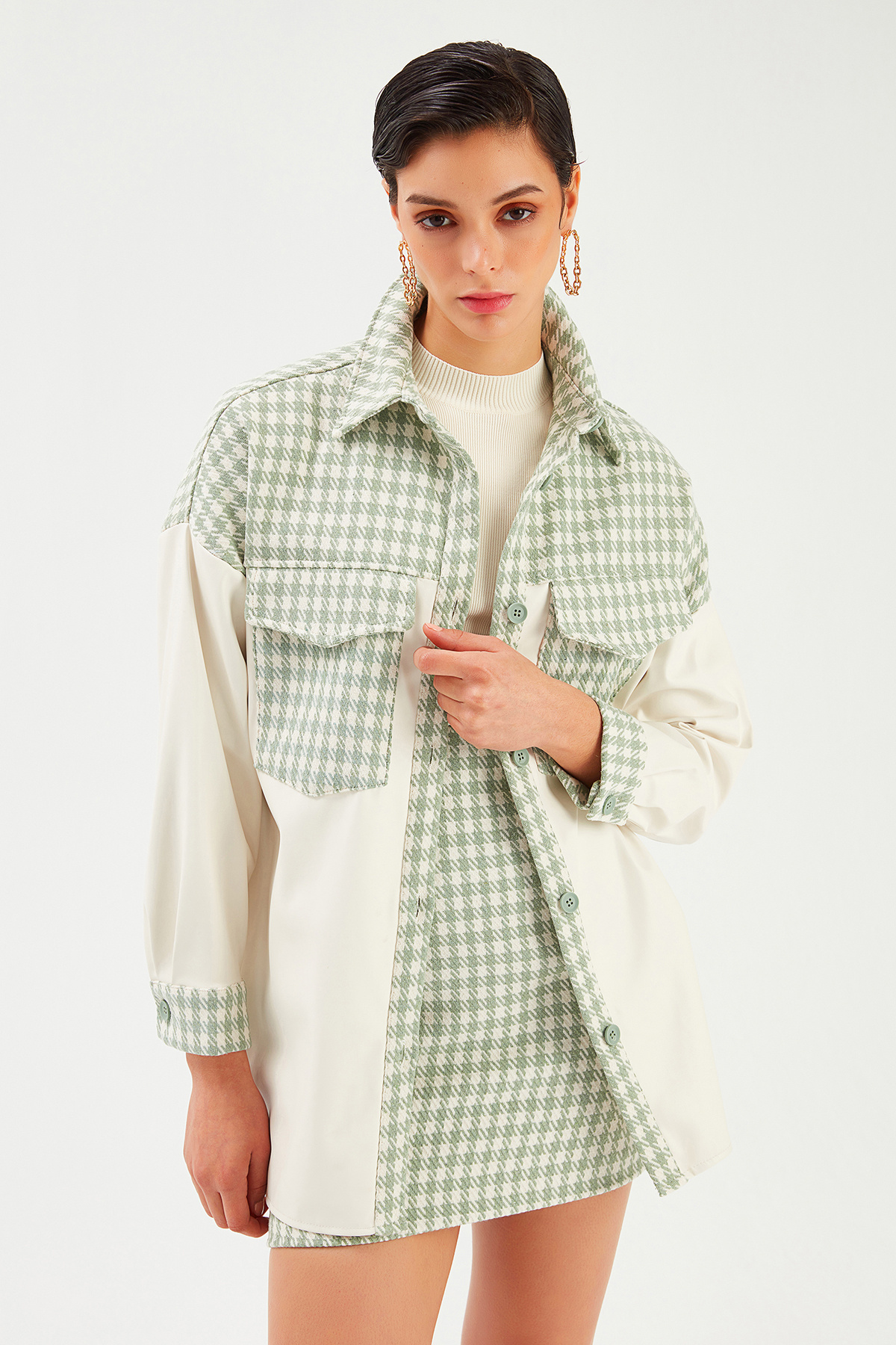 Deri Detaylı Gömlek Ceket - EKRU-ÇAĞLA