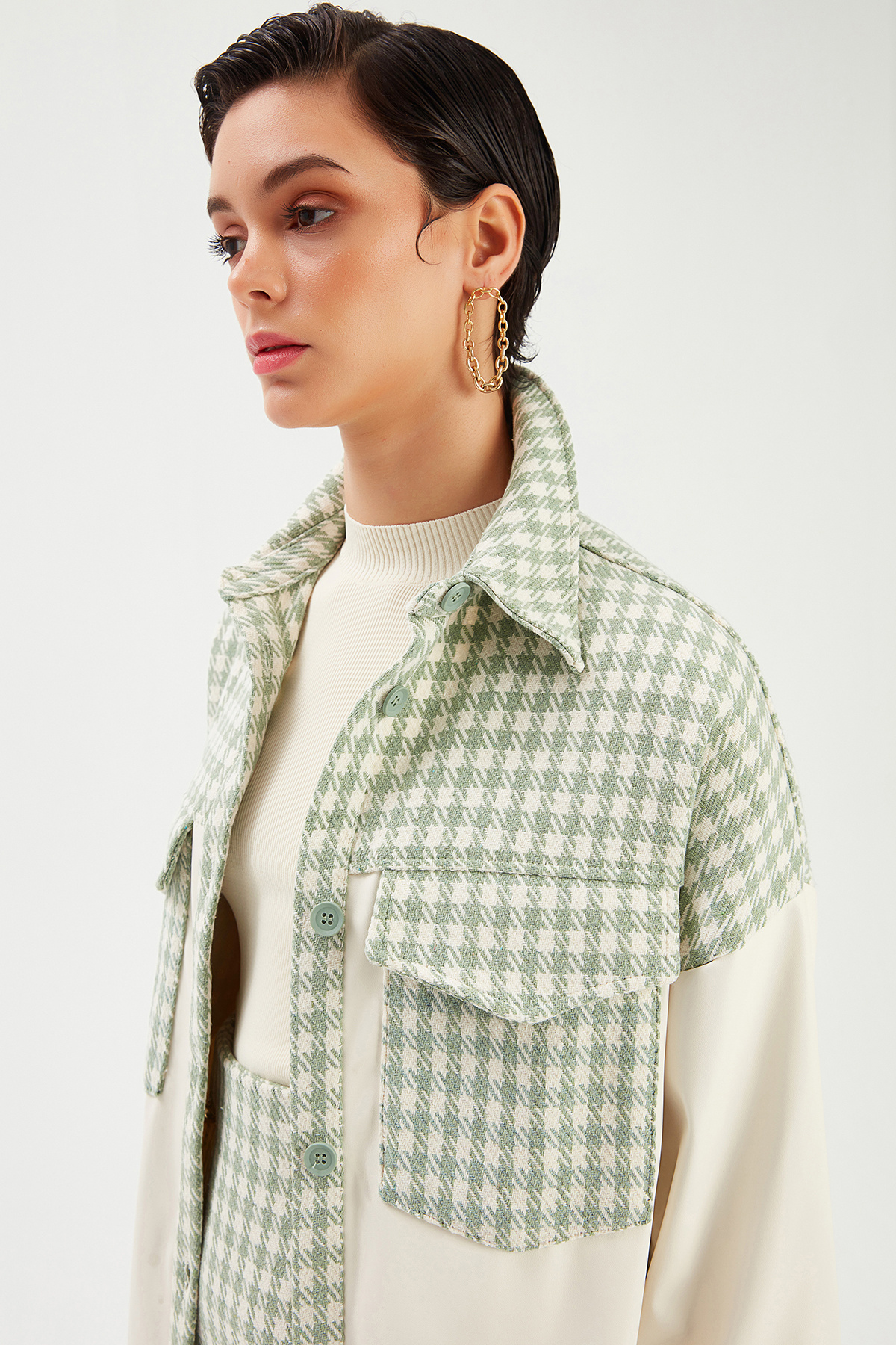 Deri Detaylı Gömlek Ceket - EKRU-ÇAĞLA