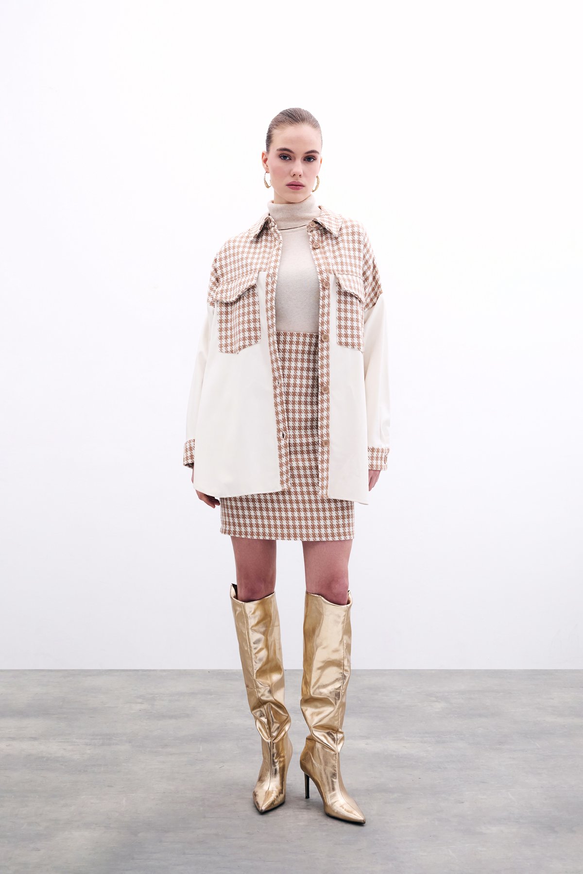 Deri Detaylı Gömlek Ceket - Ekru-Camel