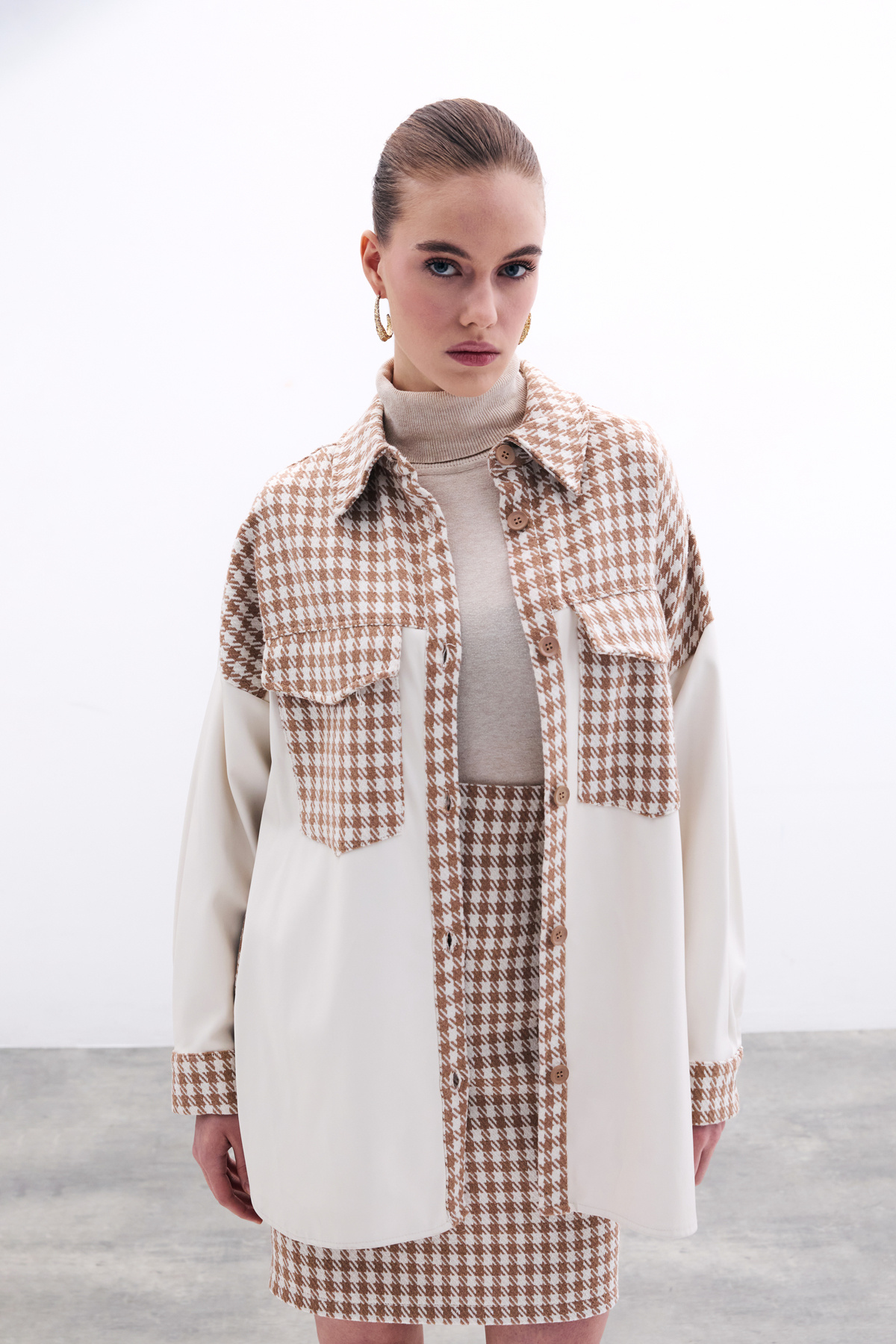 Deri Detaylı Gömlek Ceket - Ekru-Camel