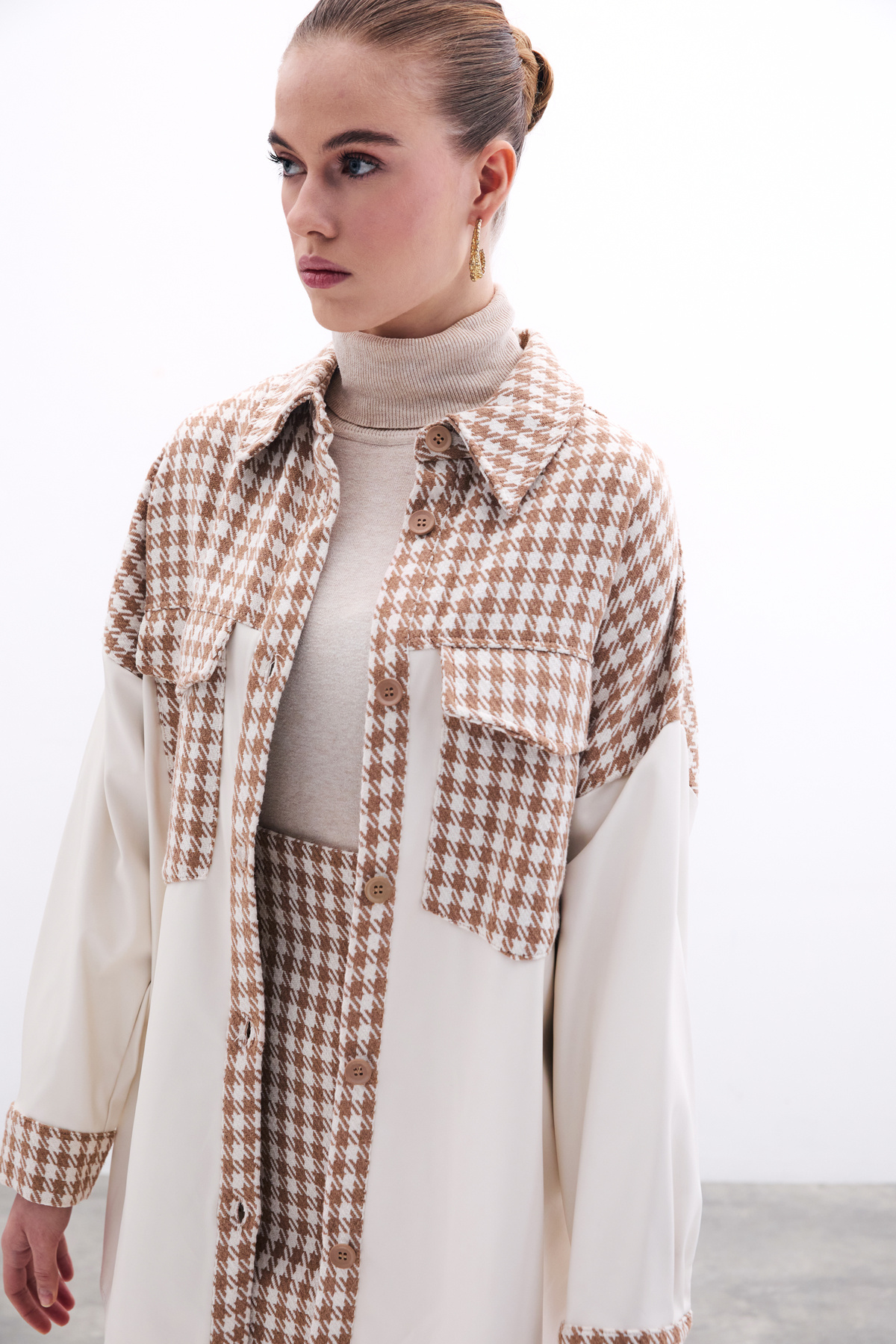 Deri Detaylı Gömlek Ceket - Ekru-Camel