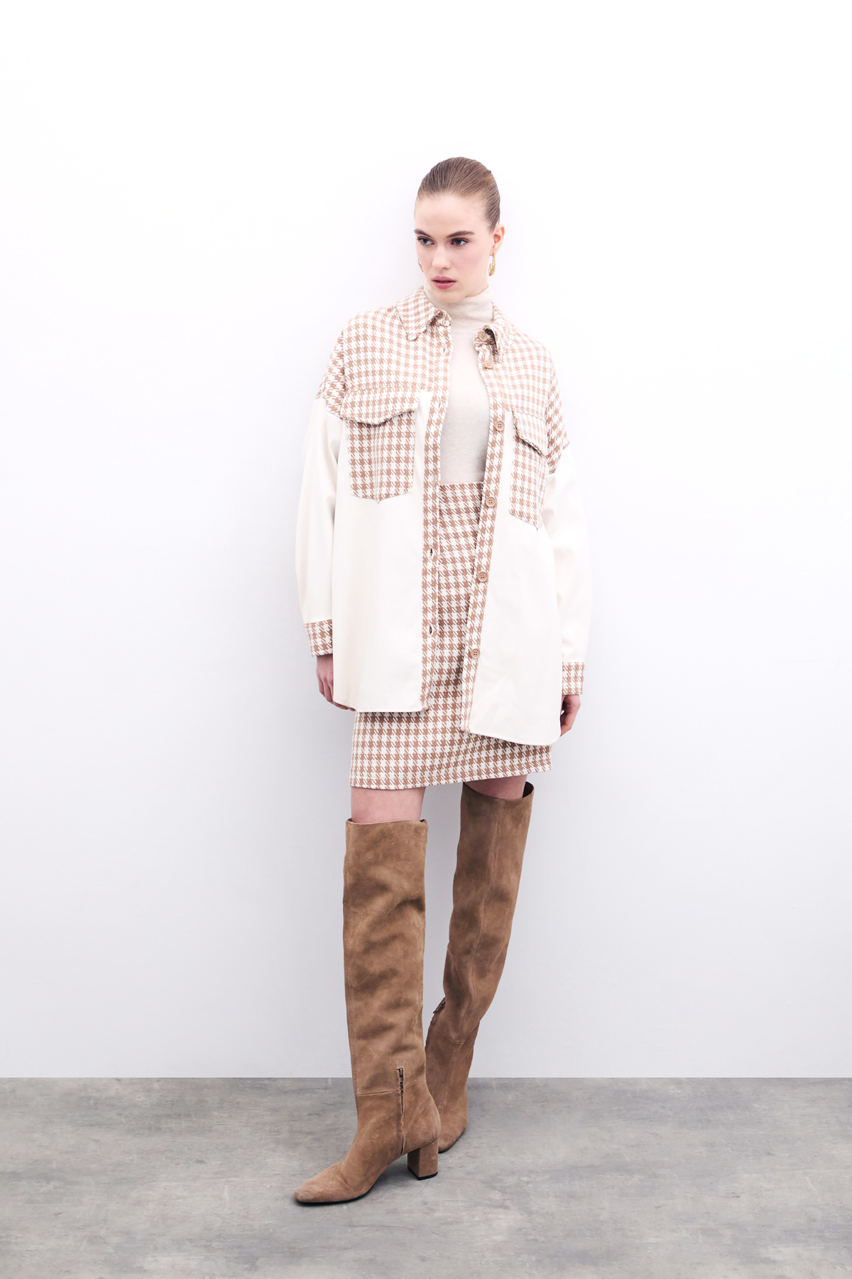 Deri Detaylı Gömlek Ceket - Ekru-Camel