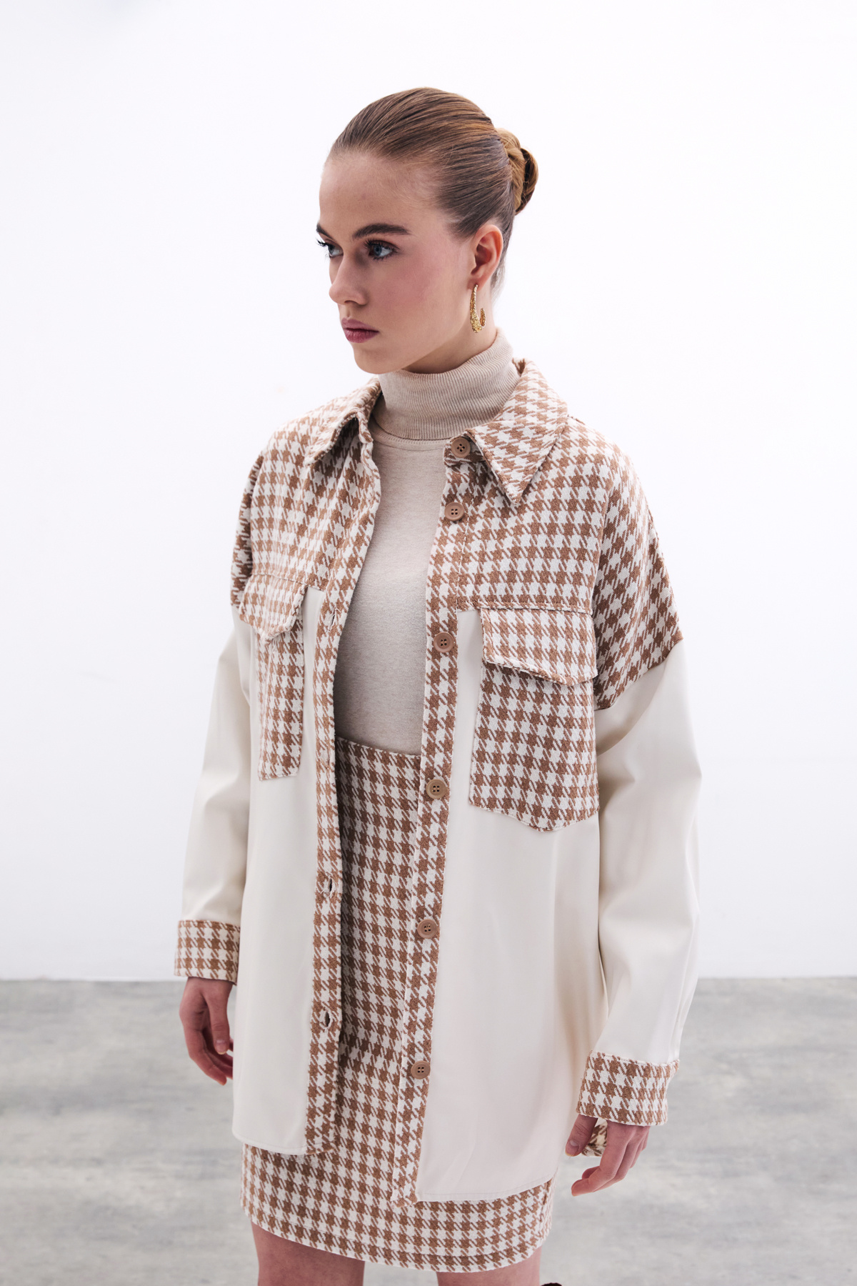 Deri Detaylı Gömlek Ceket - Ekru-Camel