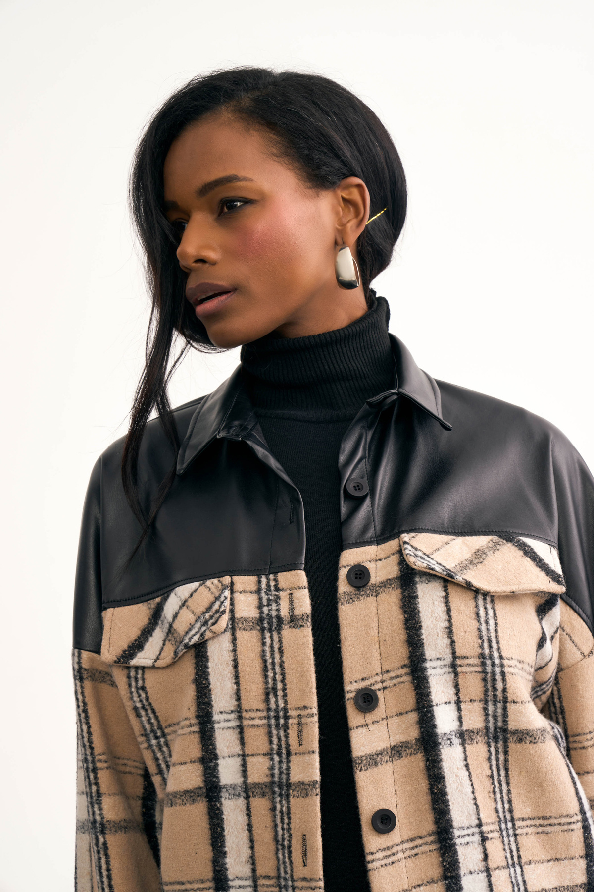 Deri detaylı oduncu gömlek ceket - BEJ