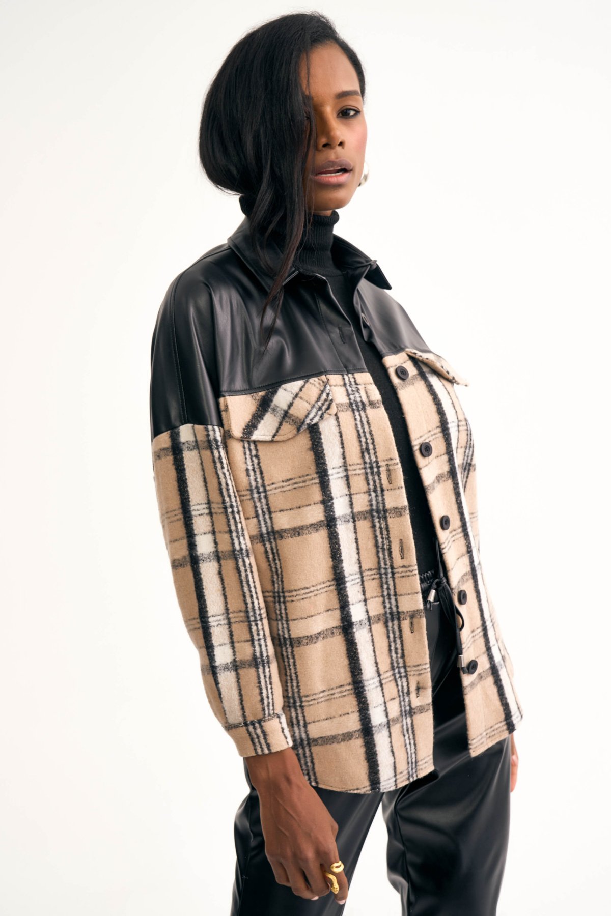 Deri detaylı oduncu gömlek ceket - BEJ