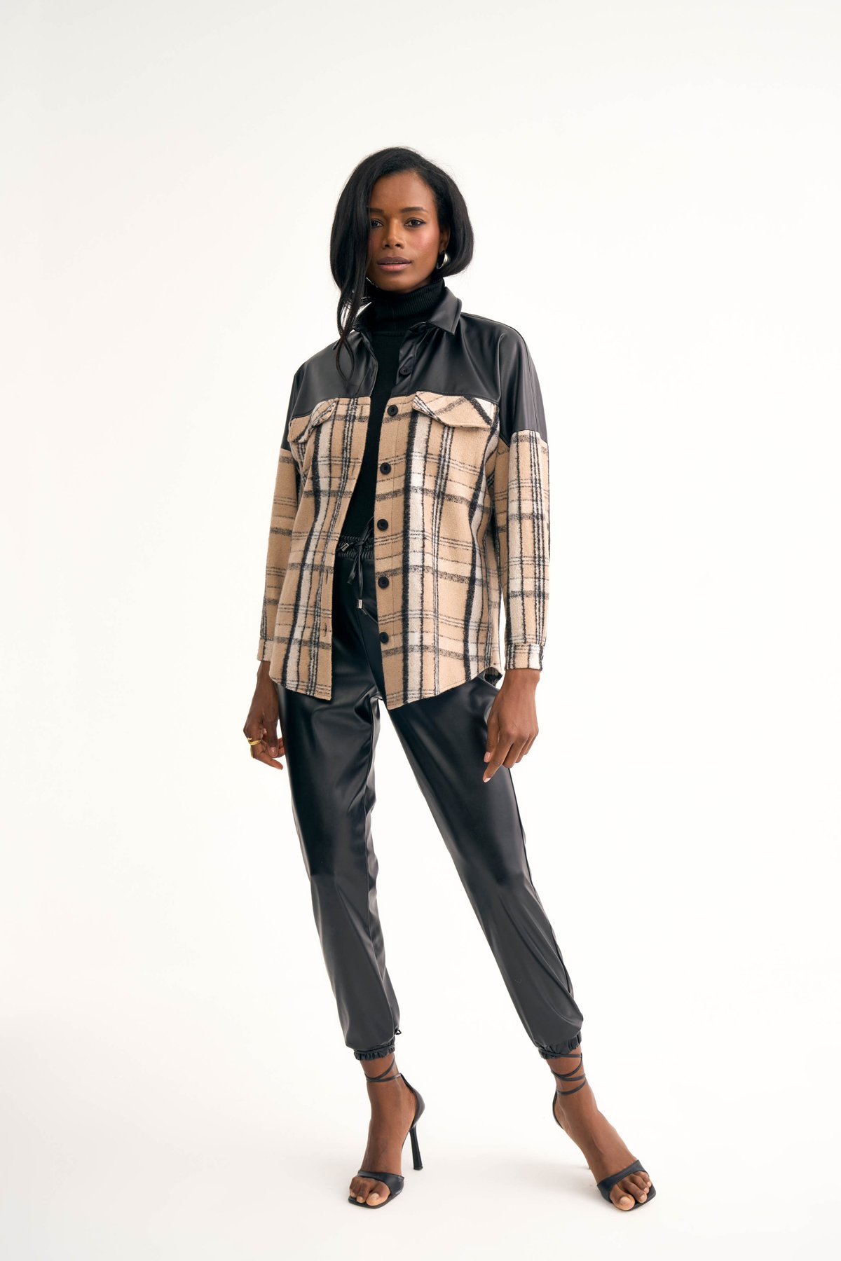 Deri detaylı oduncu gömlek ceket - BEJ