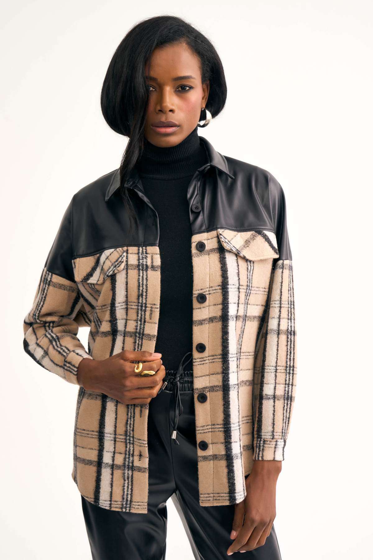 Deri detaylı oduncu gömlek ceket - BEJ