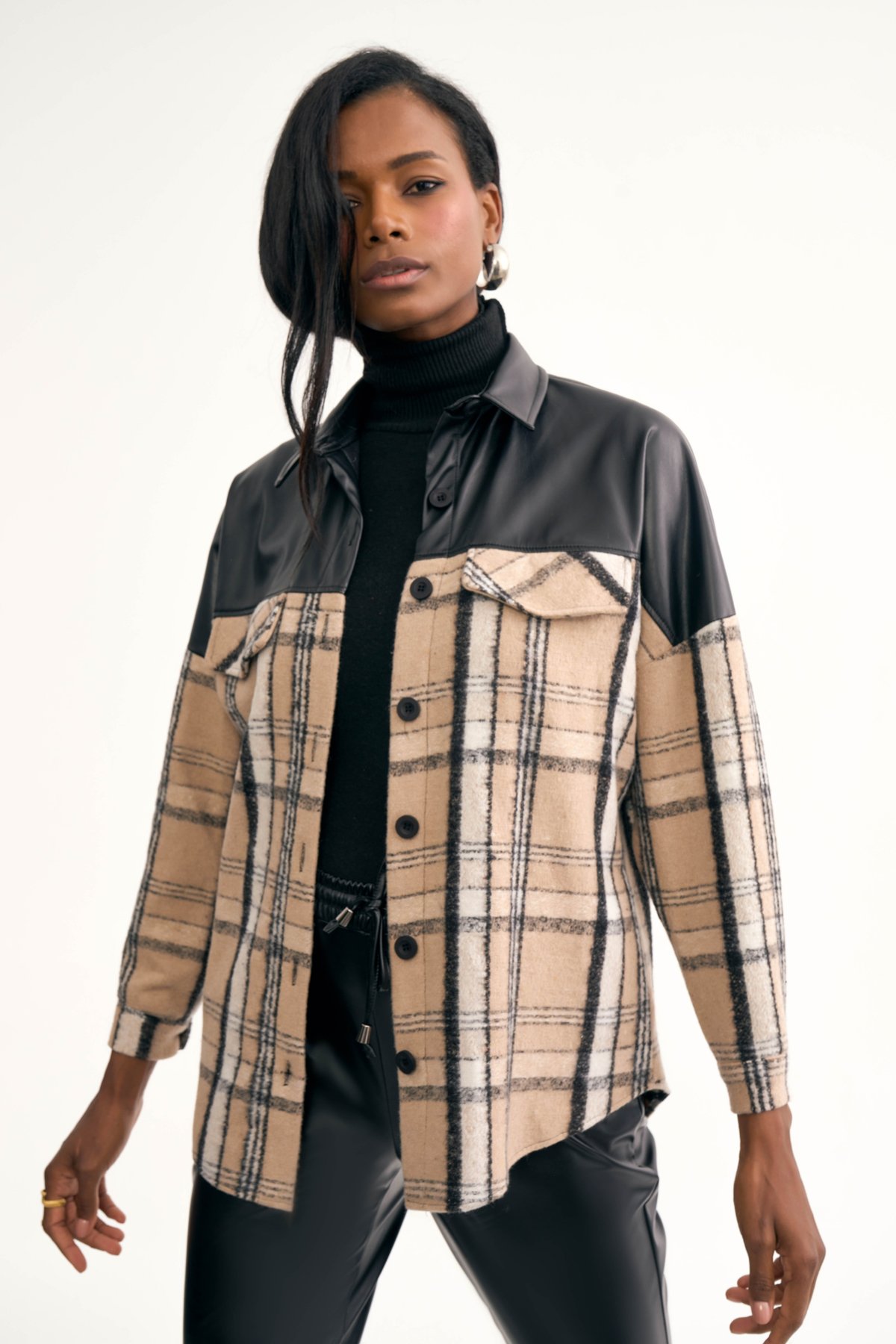 Deri detaylı oduncu gömlek ceket - BEJ