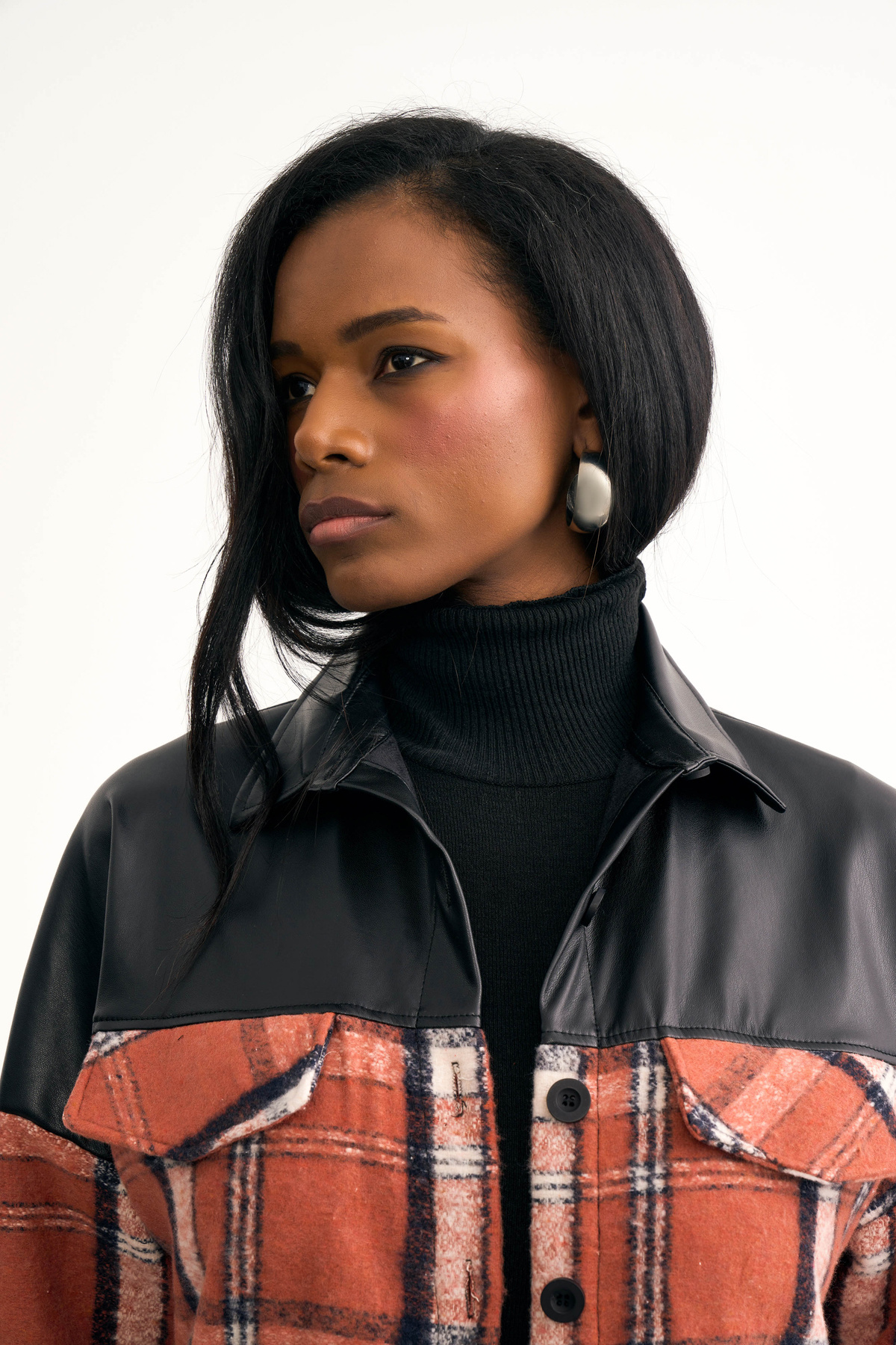 Deri detaylı oduncu gömlek ceket - KİREMİT