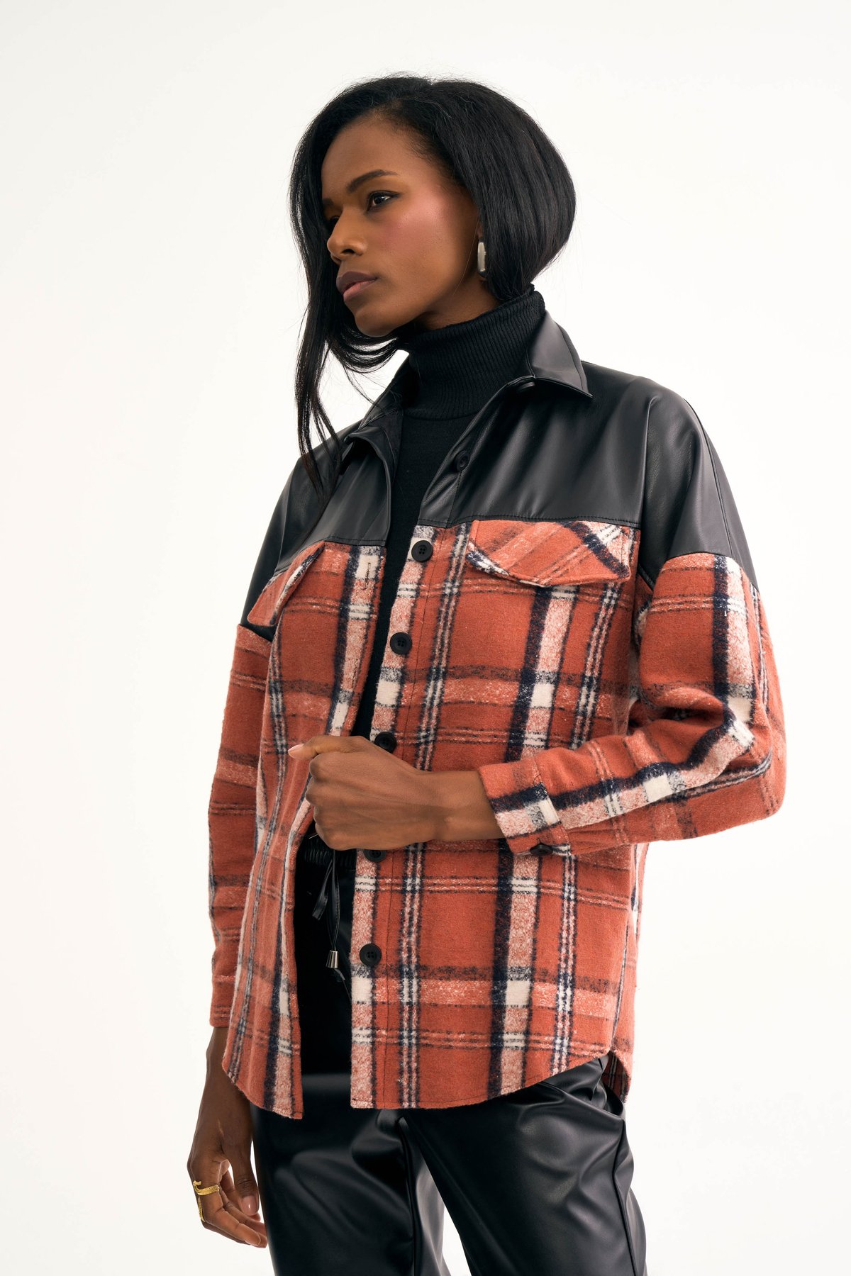 Deri detaylı oduncu gömlek ceket - KİREMİT