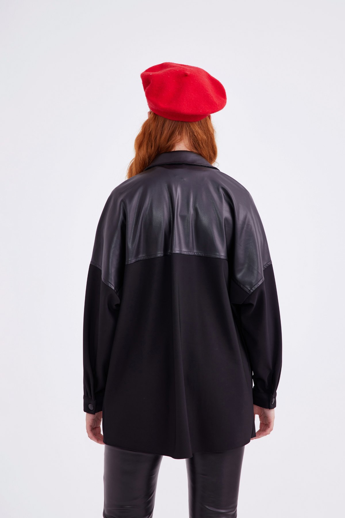 Leather look oversized shirt jacket - BLACK