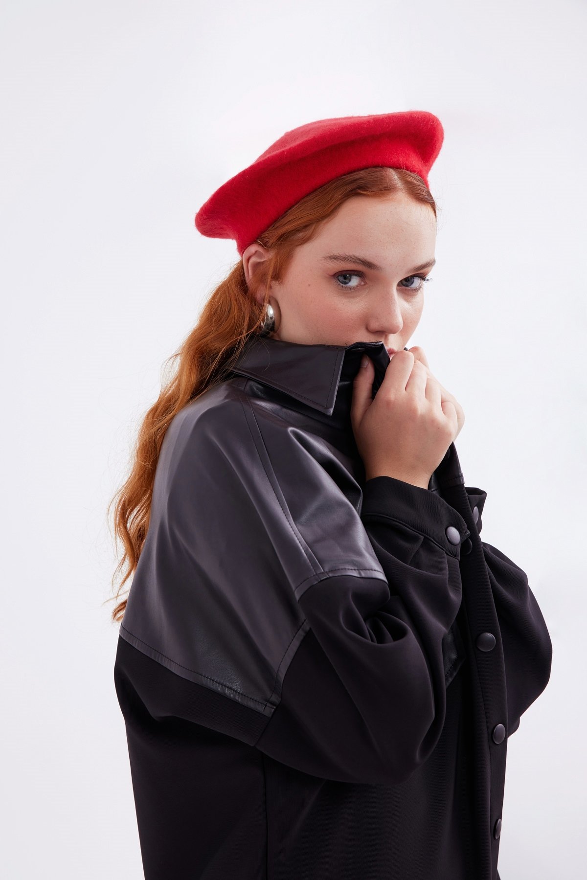 Leather look oversized shirt jacket - BLACK