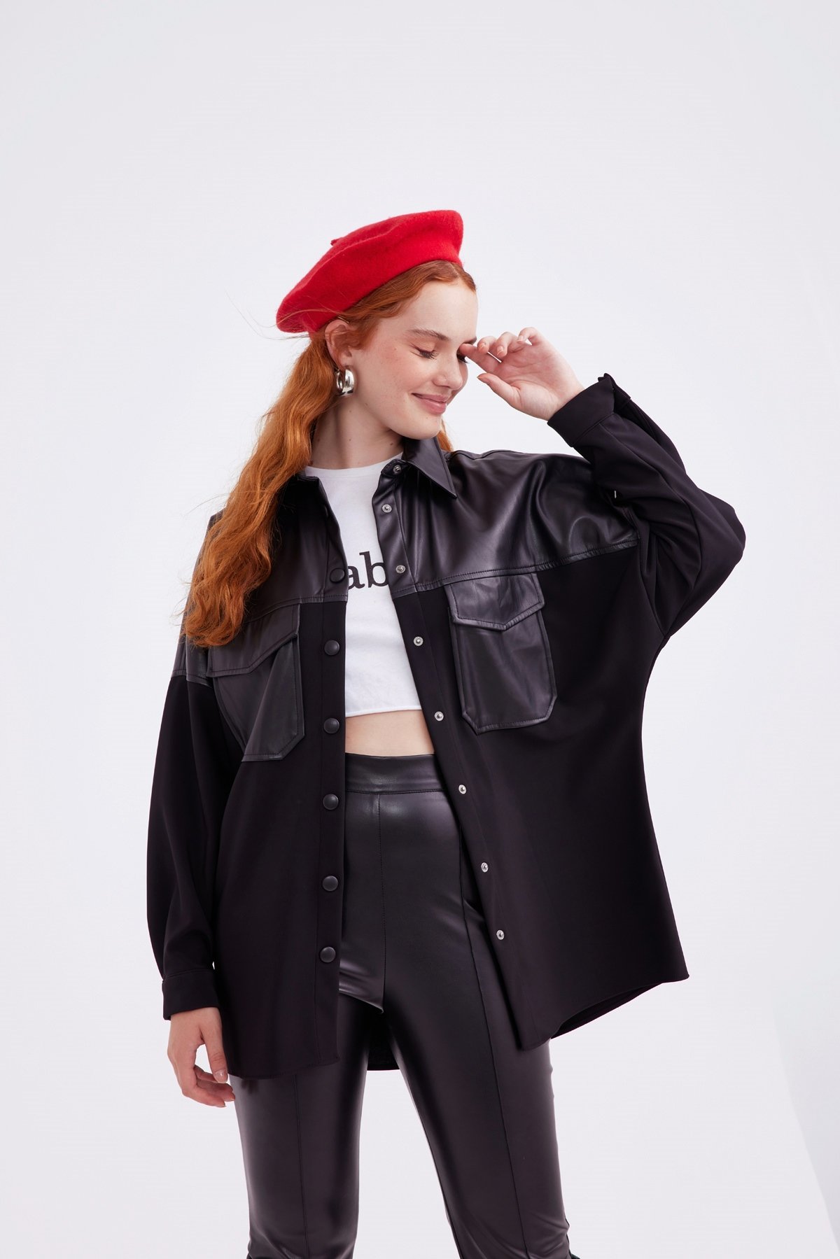 Leather look oversized shirt jacket - BLACK