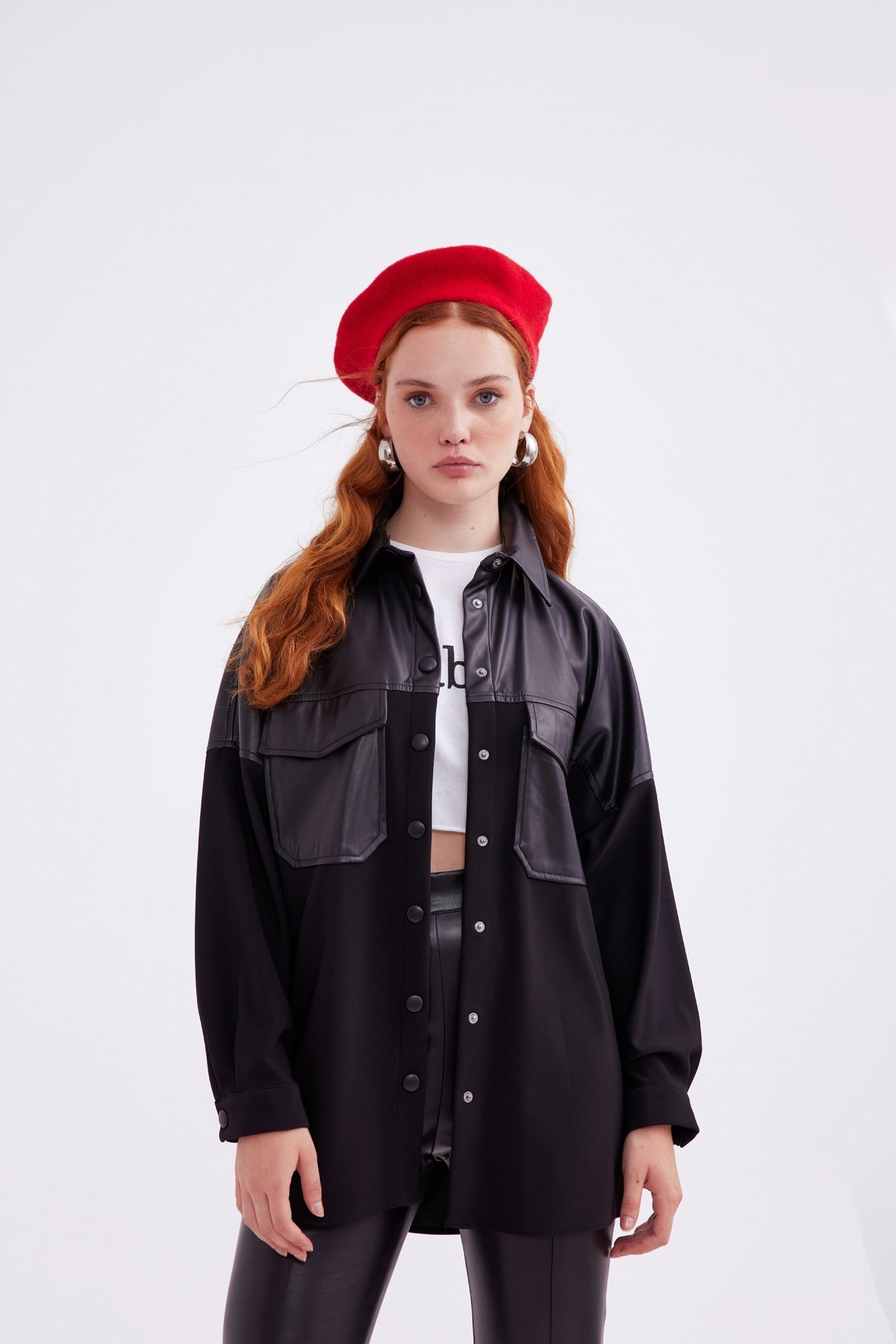 Leather look oversized shirt jacket - BLACK