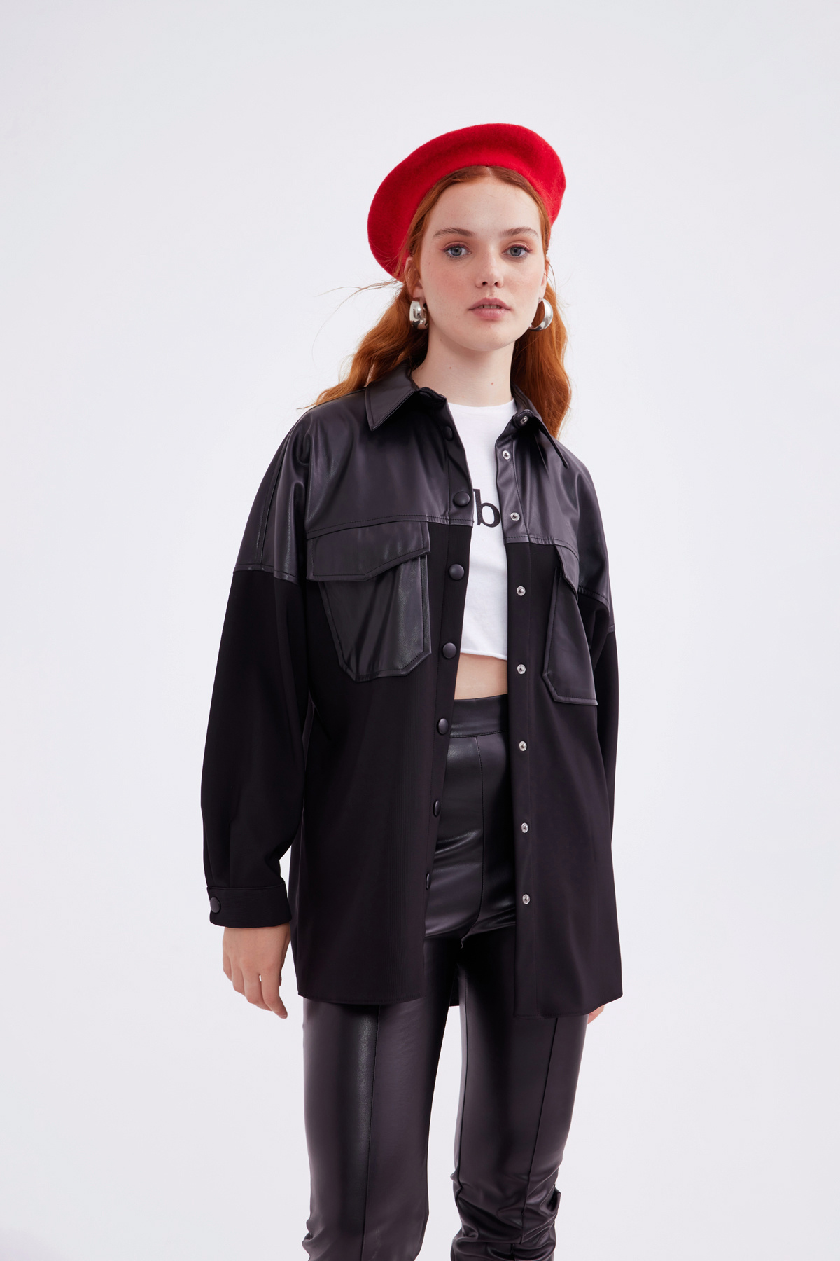 Leather look oversized shirt jacket - BLACK