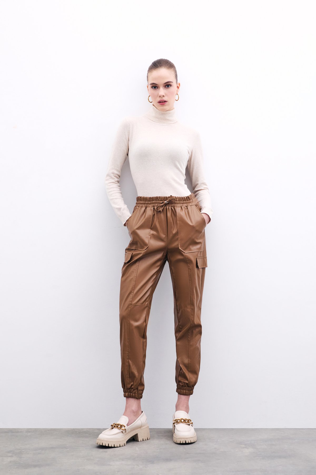 Deri Jogger Pantolon - Bej